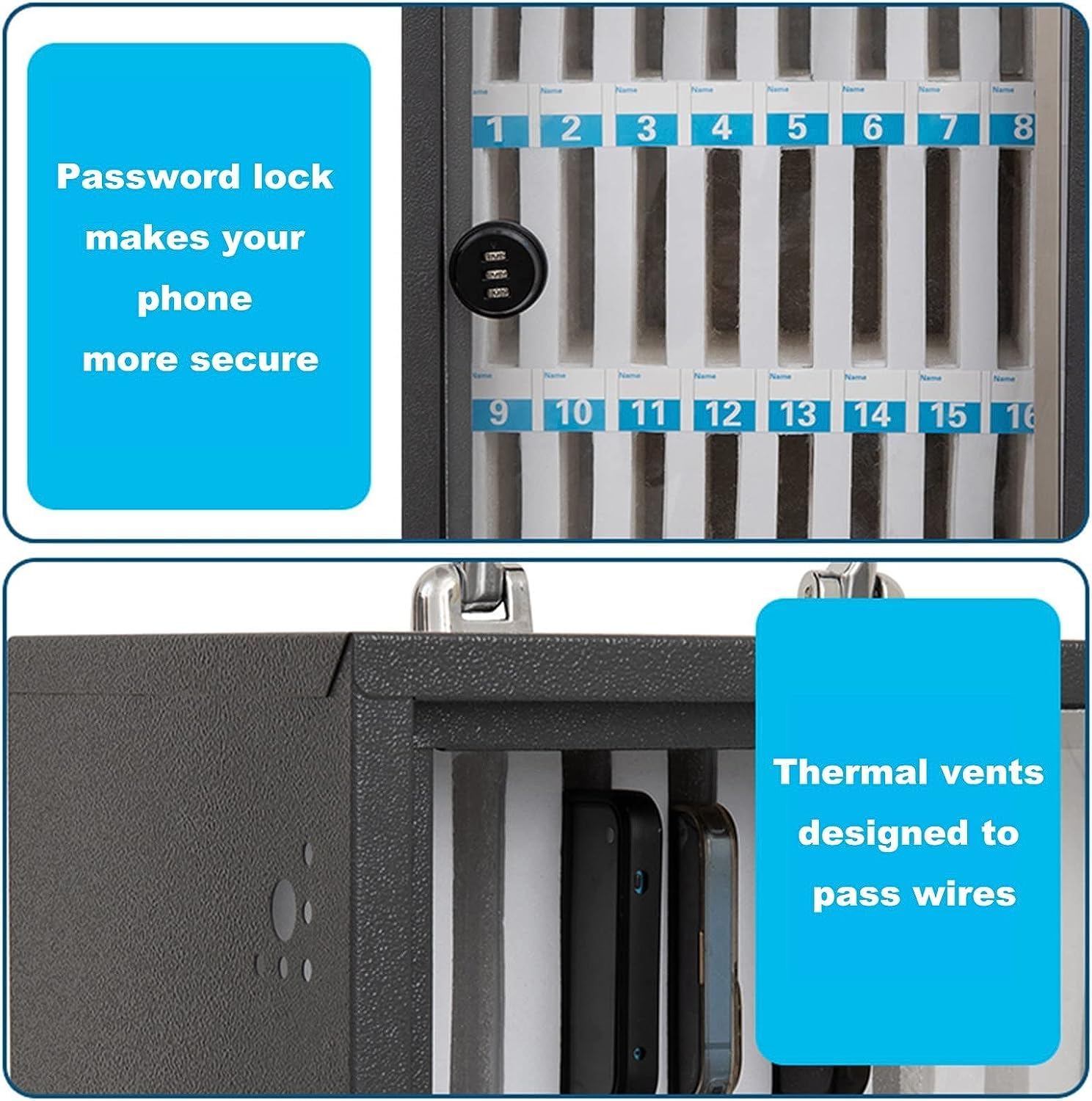 Mobile Phone Storage Box Transparent Acrylic Mobile Phone Security Locker with Key,Lockable Storage Cabinet for Cell Phones - 60 Slot Aluminum Alloy Locker Box with Clear Pocket Chart & Hand