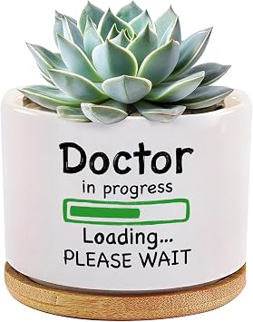 Doctor in Progress Loading Doctor Gifts Medical Student Future Dr Ceramic Succulent Plant Pot with Bamboo Tray Round Home Office Decor 3.5 Inch White No Plants