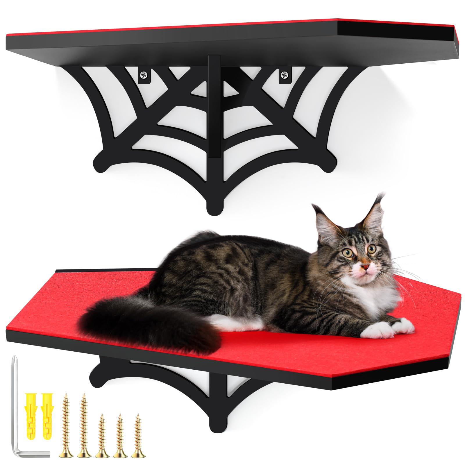 Gemscream Gothic Wall Mounted Halloween Shelf Coffin Spider Web Style Cat Tree Wall Load Bearing up to 30 Lbs/ 14 kg Black Cat for Indoor