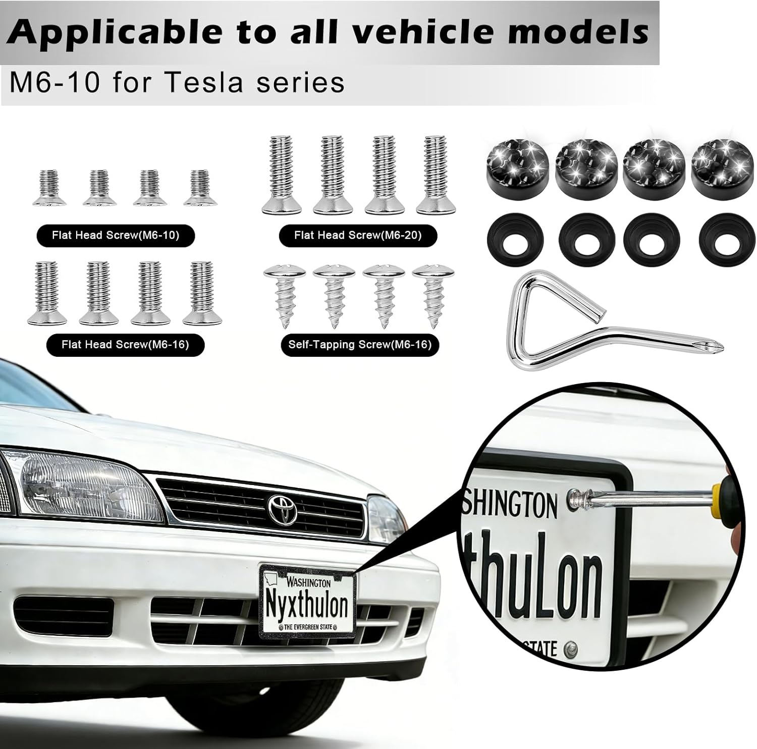 Bling License Plate Frames, 2 Pack Premium Stainless Steel Rhinestone License Plate Holder for Women, Obstruction-Free Sparkly Car Tag Cover with Glitter Crystal Caps (Black)