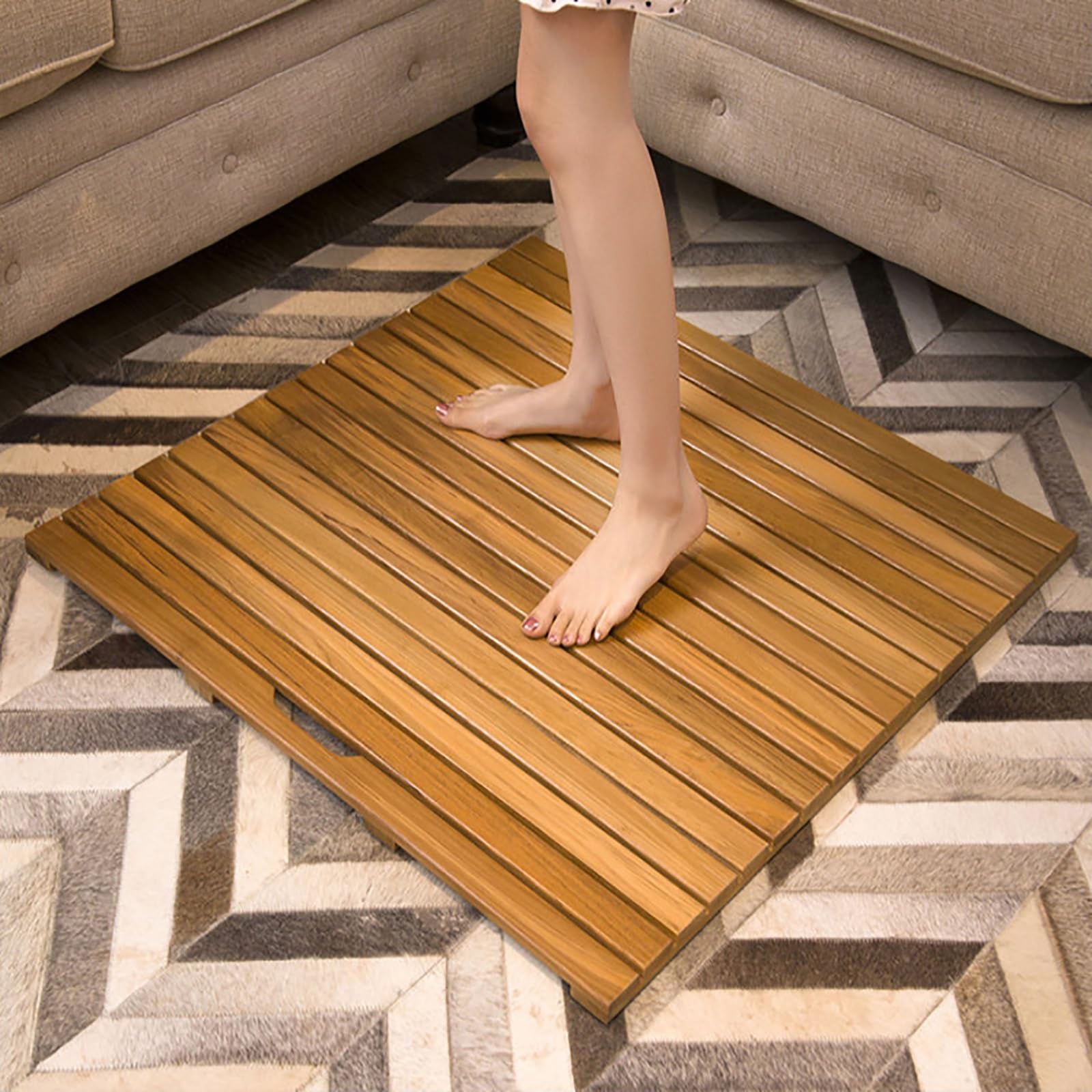 Tappetino da Bagno in Legno di Teak Pedana Doccia Impermeabile,Design a Doghe, Design rialzato per Doccia Esterna(30x30cm/11.8x11.8in)