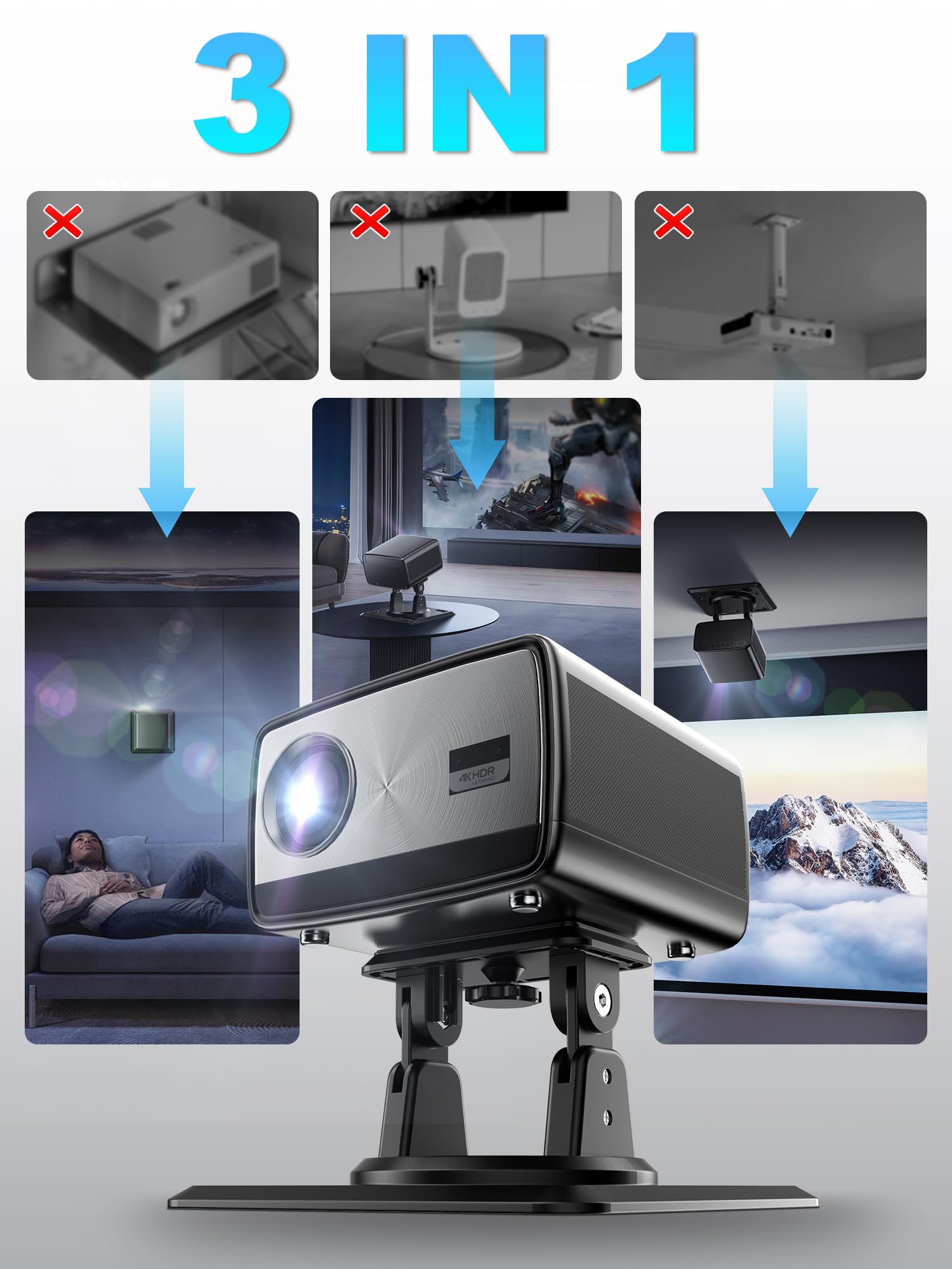 Beamer Ständer Halterung 3-in-1 für Decke, Wand & Tisch, 360° drehbare Projektor-Wandhalterung | Mehrwinkliger Verstellbarer Ständer | Kompatibel mit einem 1/4-Zoll-Gewindeanschluss