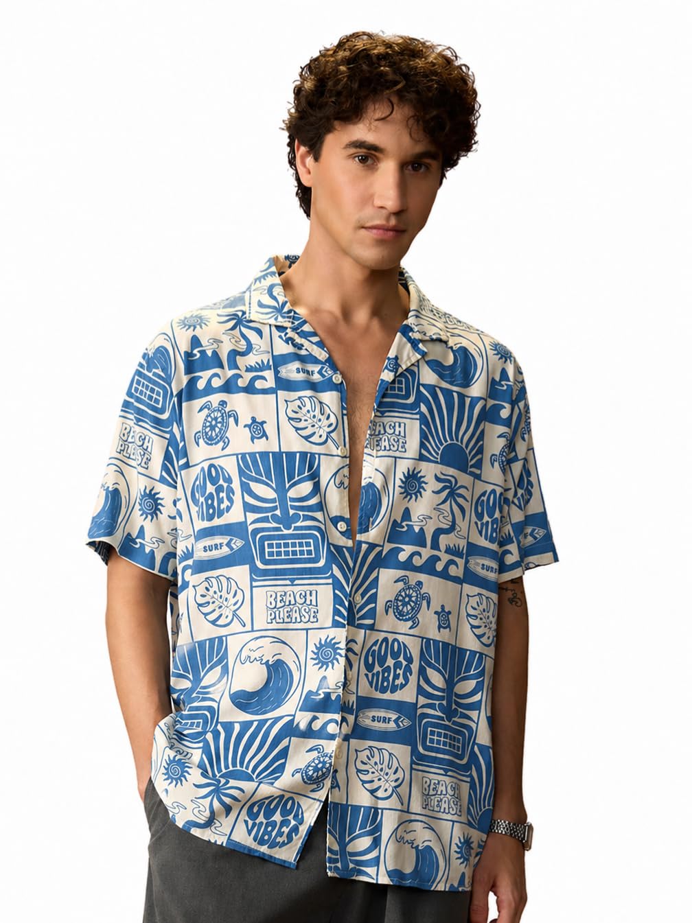 the souled store Summer Vibe Men and Boys Short Sleeves Collared Neck Button Front Blue and White All Over Printed Regular Fit Cotton Holiday Shirts-picture-26
