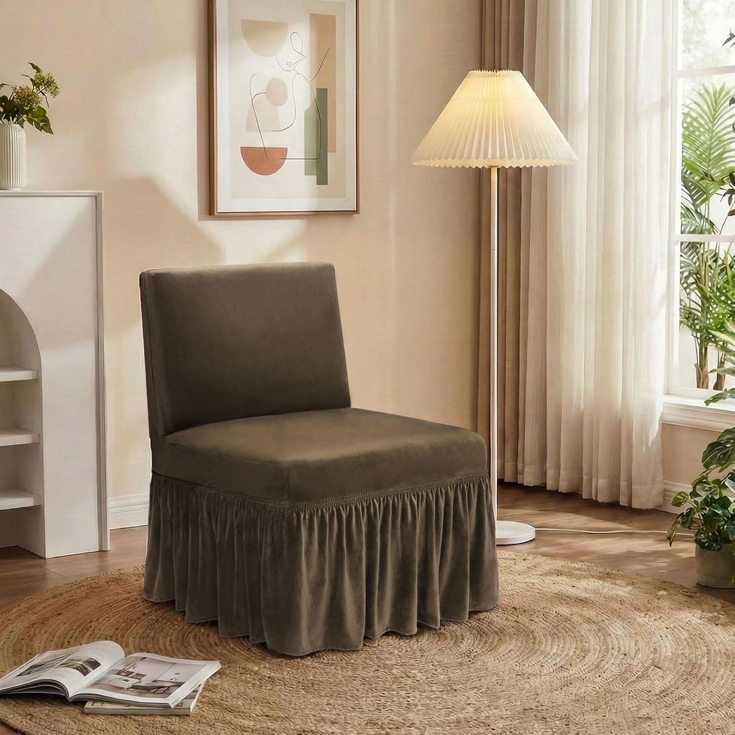 NICEEC Brown Spandex Armless Accent Chair Cover with Skirt Stretch Super Soft Modern Accent Slipper Chair Slipcovers Without Arms Washable Chair Protector for Living Room Bedroom Study