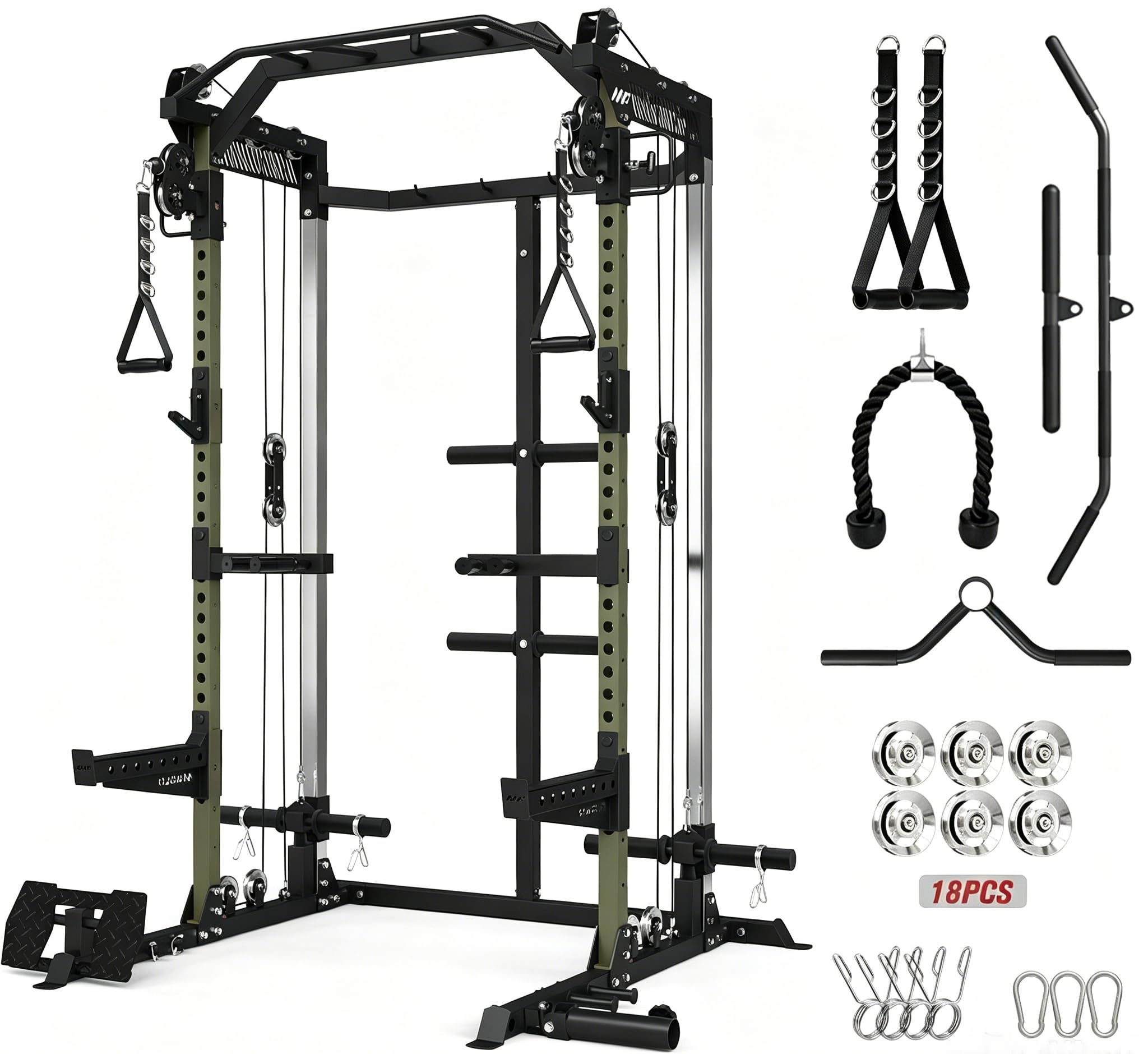 Mikolo HR06 Power Cage with Aluminum Pulleys, 2000LB Power Rack with Independent Dual Pulley System, Multi-Function Home Gym Workout Machine for Cable Crossover