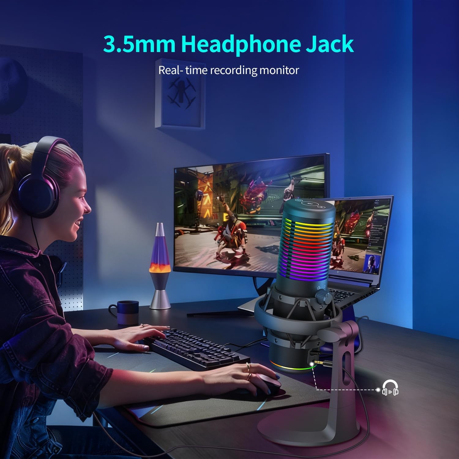 TOALLIN CM20P - USB Condenser Microphone with RGB Lights for Gaming, Streaming, Podcasting, Recording, 192kHz/24Bit, Noise Canceling & Volume Adjustable, Compatibles with Laptop/PC/Tablet/Phone, Black