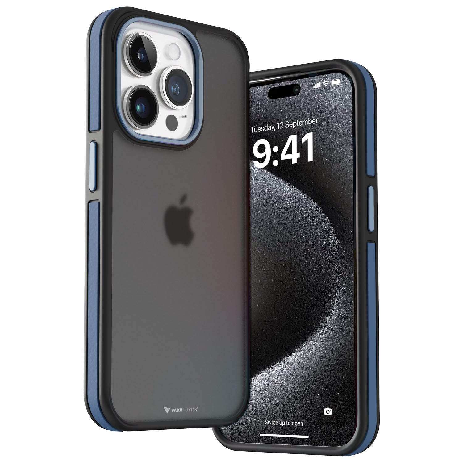 Vaku Luxos® Elemento Series Back Cover Case for iPhone 15 Pro Max Metal Frame Camera Bump Shockproof Scratch Resistant Slim Thin Military-Grade Protection- Blue