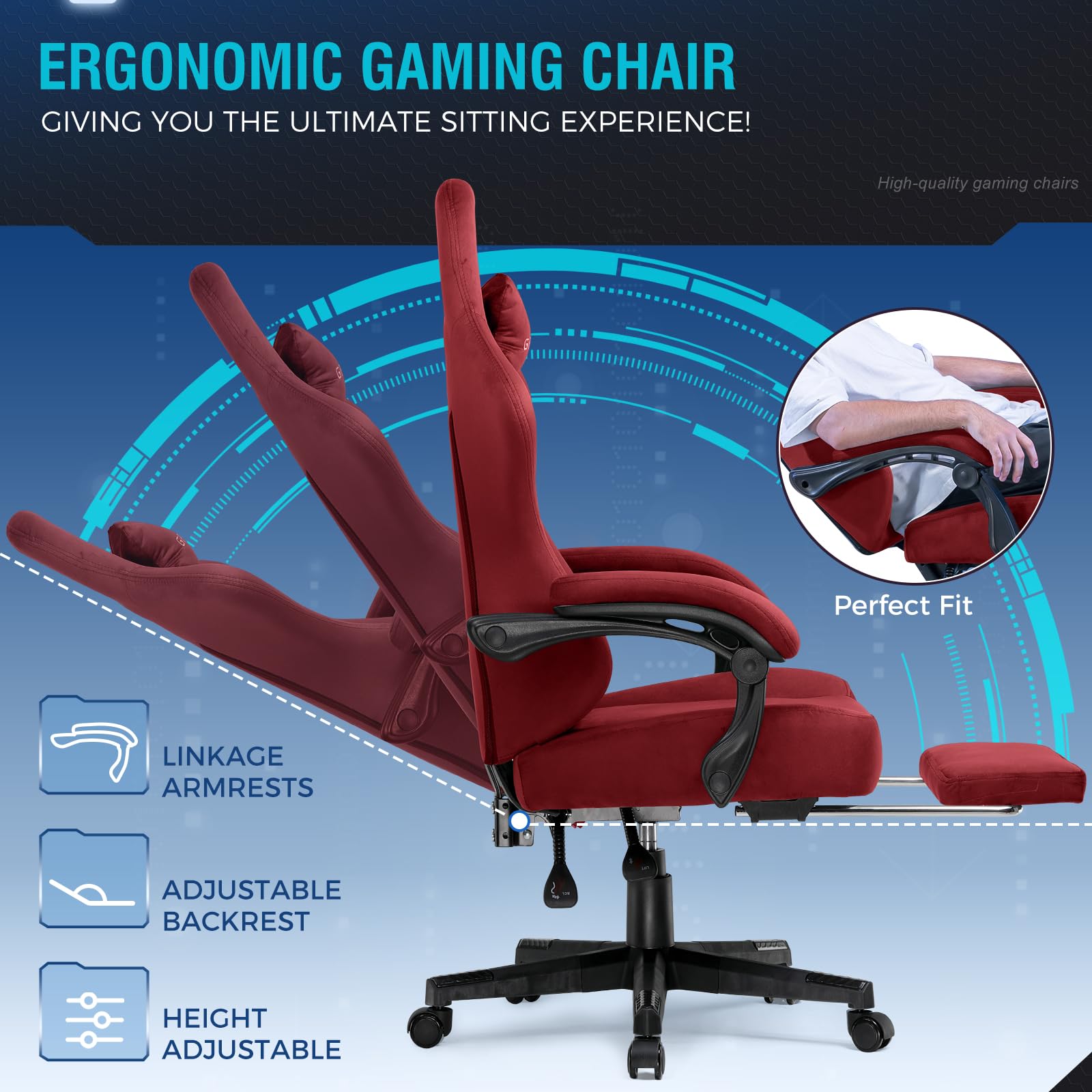 GTPLAYER Gamingstoel, hoge rugleuning lederen computergamingstoel met voetsteun, ergonomische in hoogte verstelbare bureaustoel met afneembare hoes en lendensteun voor gaming en werk (Rood