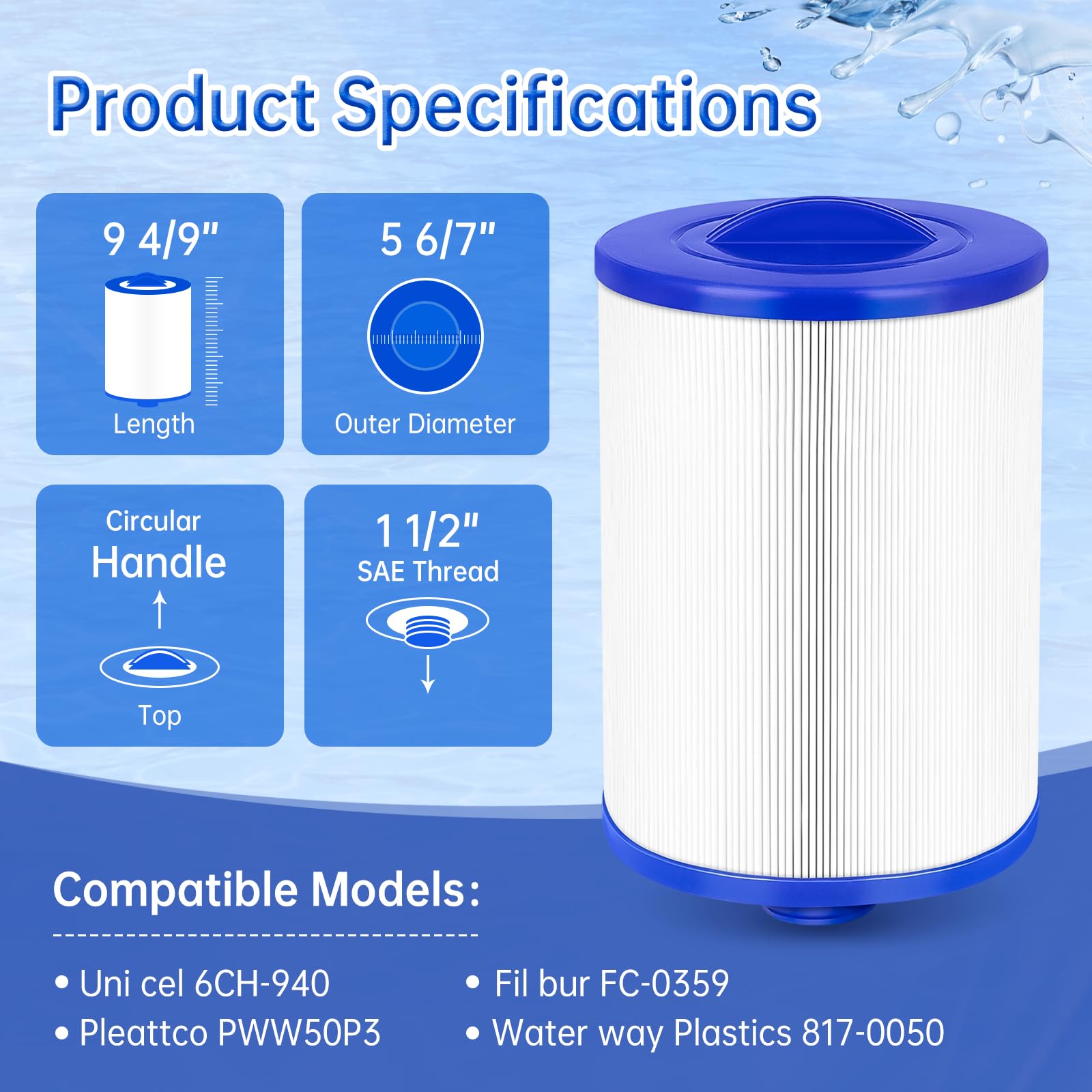 sawluv 6CH-940 Spa Filter Hot Tub Filter PWW50P3 Replaces, Compatible with Fil-bur FC-0359M Filters, 25252, 03FIL1400, Water-Way 817-0050, Vik-ing Spa Hot Tub Filter Screw in SAE Thread Filter