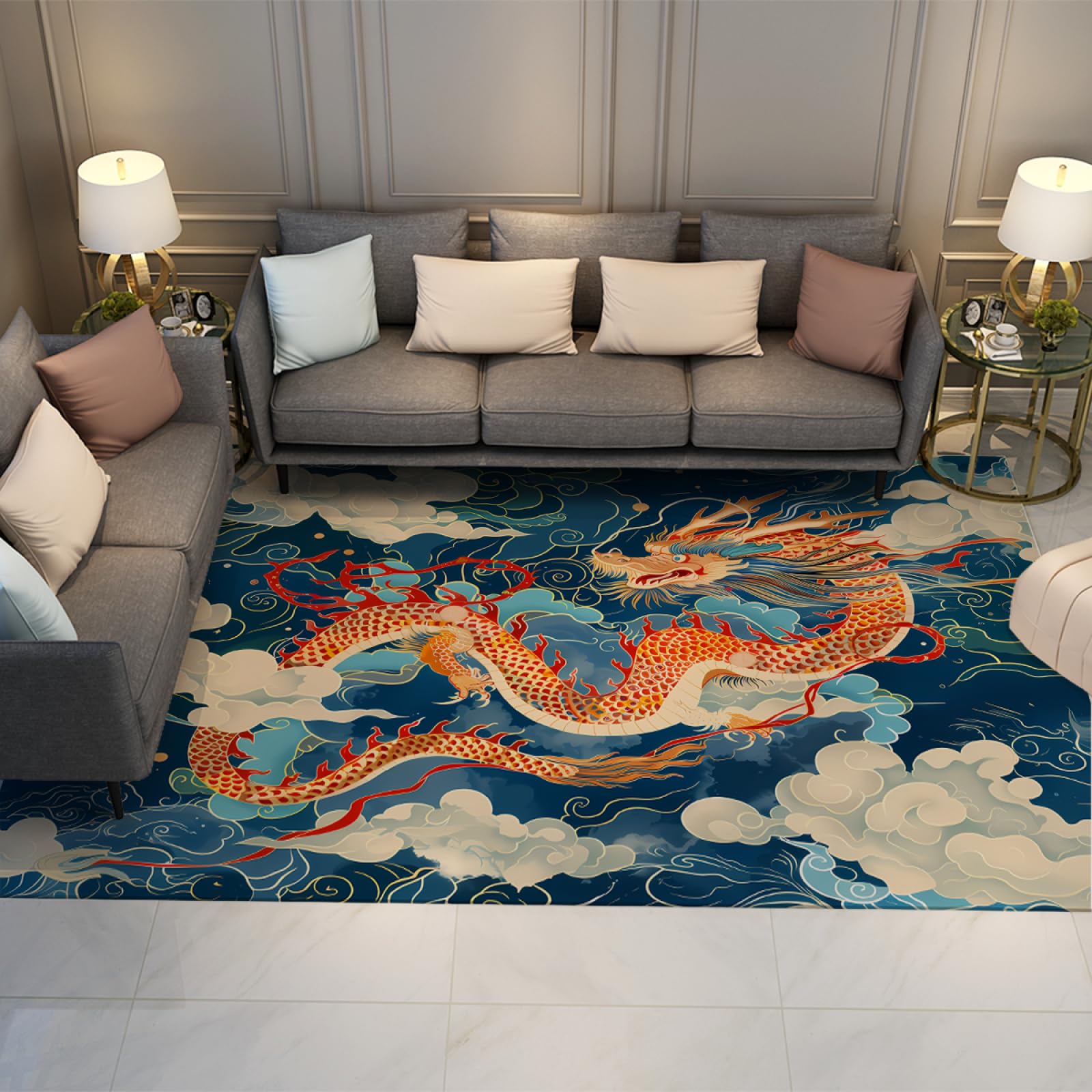 Dywaniki z chińskim smokiem 70 x 120 cm tradycyjny styl orientalny smok i chmury nadruk cienki dywan do salonu sypialni studia biura