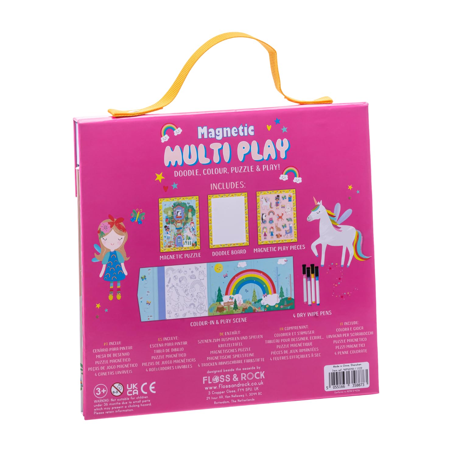 Floss & Rock - Rainbow Fairy Magnetic Multiplay - 4 giochi in 1, include 4 penne cancellabili a secco, 20 pezzi di puzzle, pezzi di gioco magnetici e sezione scarabocchiare - Età 3+