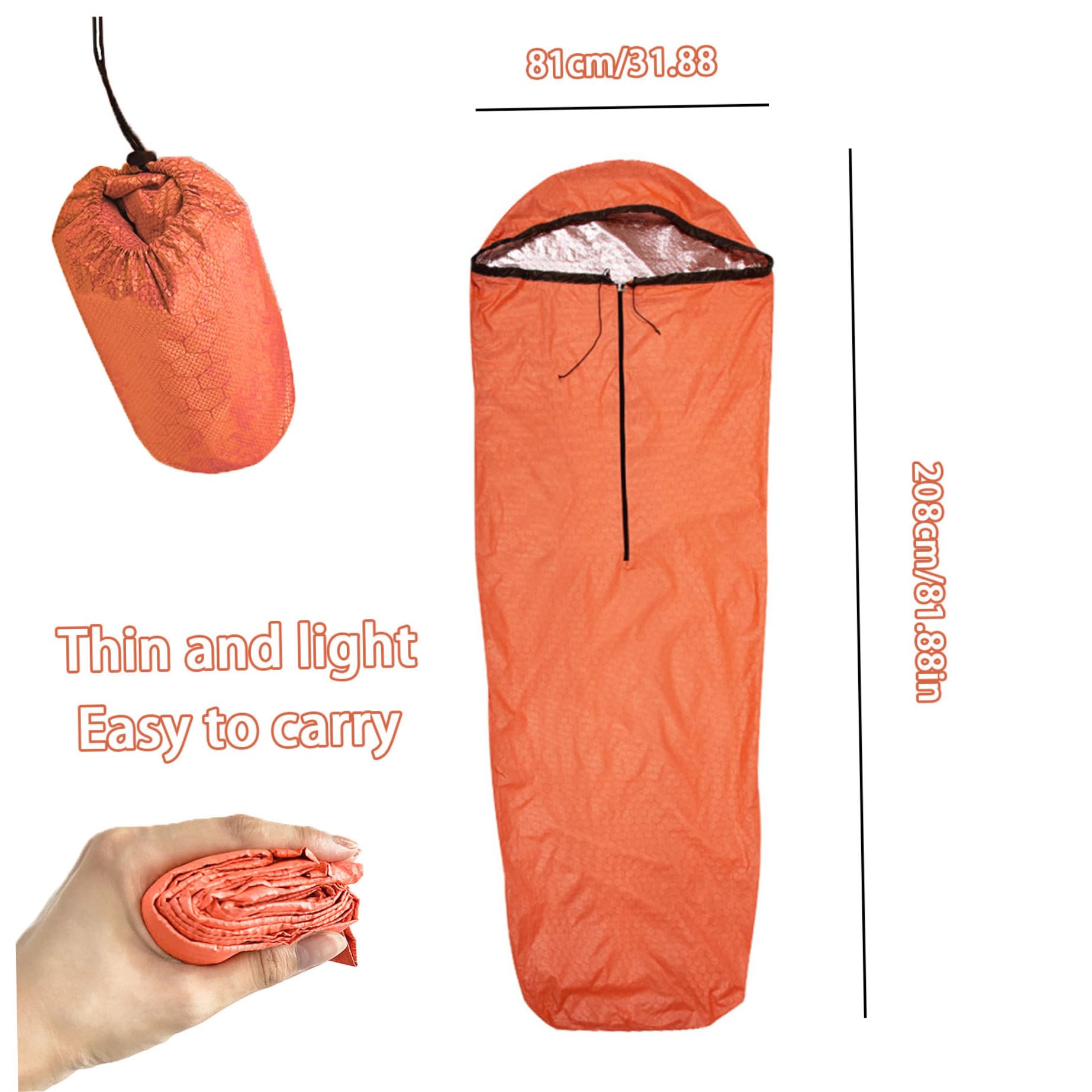 Orange Notfall-Schlafsack, Leichter Rucksack-Schlafsack, wasserdichter Biwaksack, Wiederverwendbare Notfalltaschen für das Überleben, tragbares Überleben für den Außenbereich..