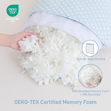 Ankwos Shredded Memory Foam Cooling Soft Pillow King Size, Adjustable Hypoallergenic Hotel Quality Pillow for Side, Stomach and Back Sleeper, Bamboo Viscose Cover, Oeko-TEX Certified
