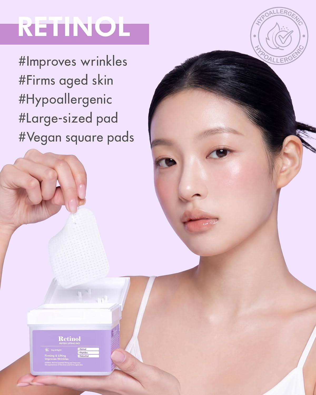 DERMAL Retinol Peptide Lifting Toner Pad 120 Count Bulk, Korean Anti Aging Stretchable Cotton Hole Pad with Bakuchiol and Copper Peptide, 65x70mm Large Square Pad with Tongs, Pore Firming Care - Image 2