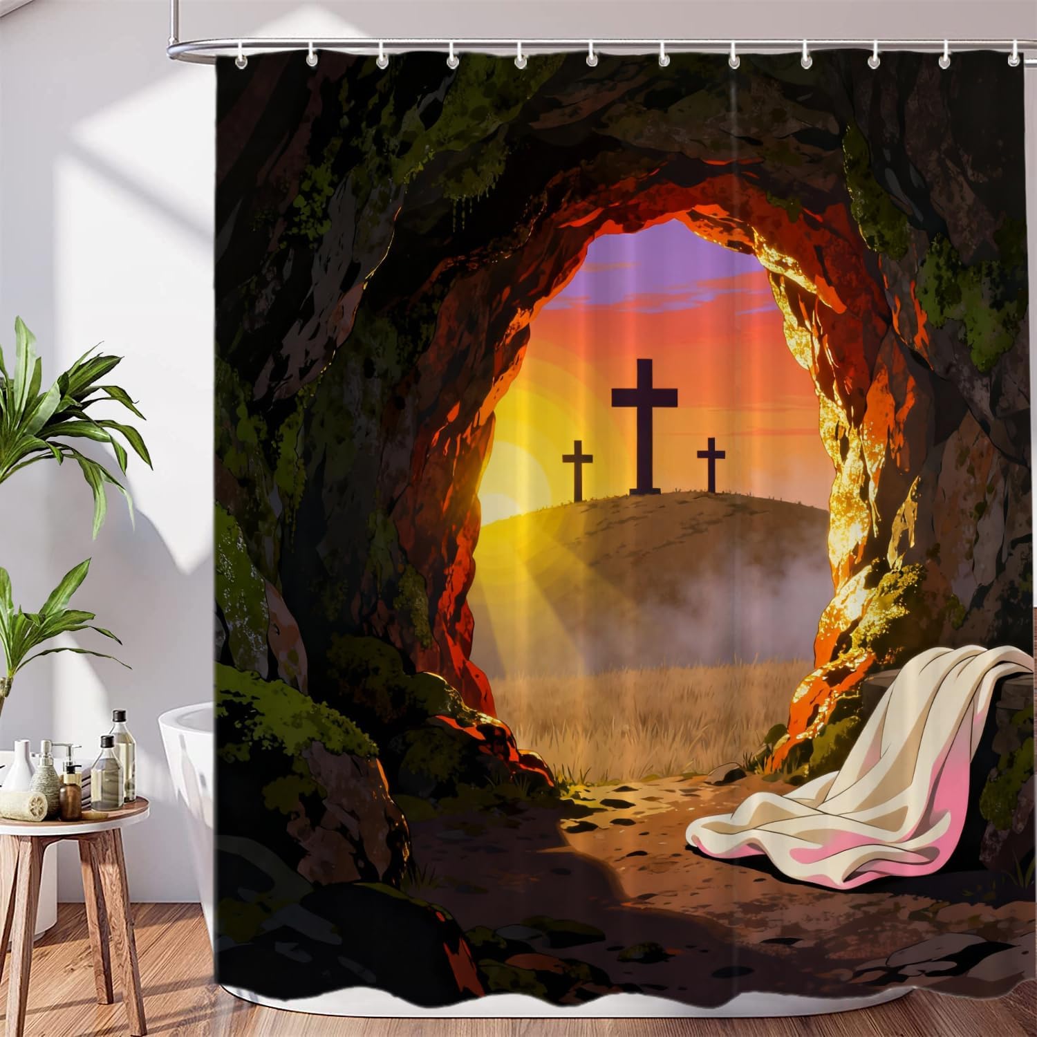 Sunrise Jesus Decorative Shower Curtain, Jesus is Risen Christian Easter Decor Shower Curtain for Shower Stall Bathroom Resistant Waterproof Standard Size 72x72 Inch