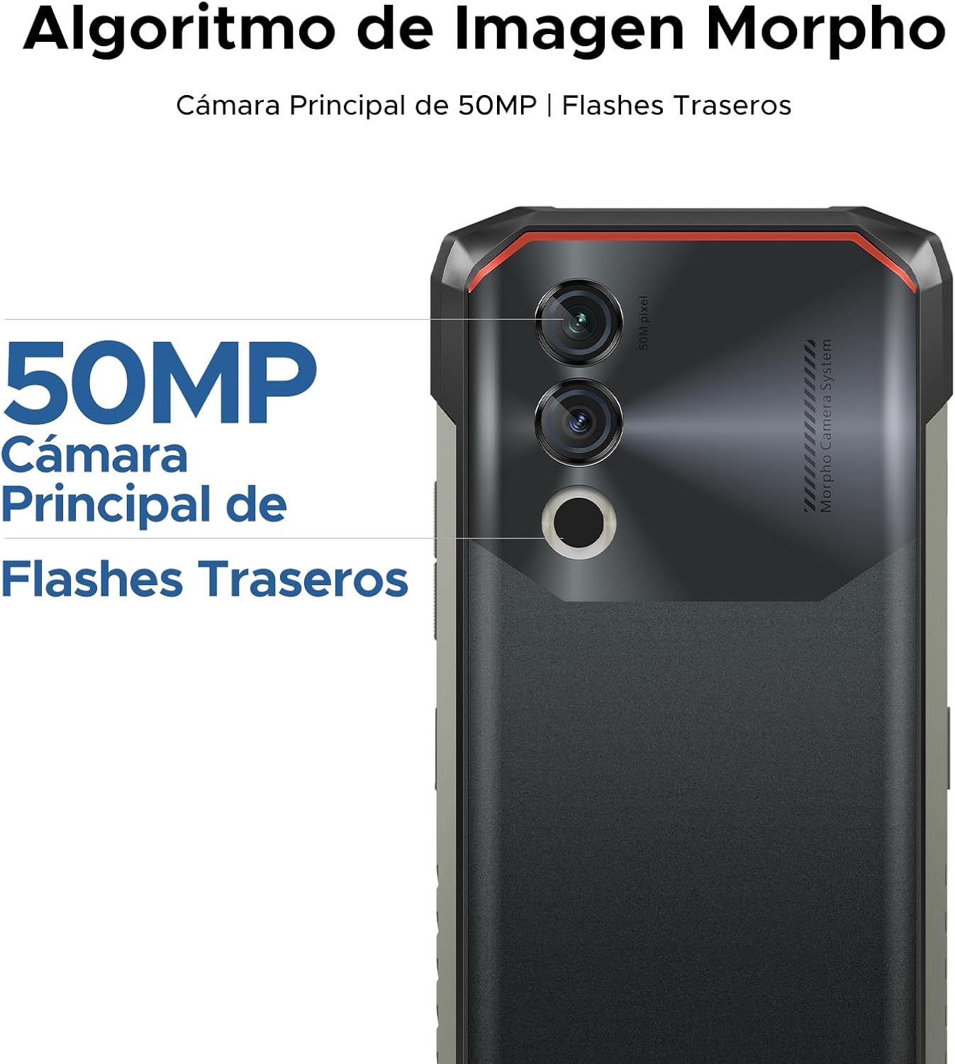 Close-up of the DOOGEE Blade10 Power's rear camera module, highlighting the 50MP main camera and rear flashes.