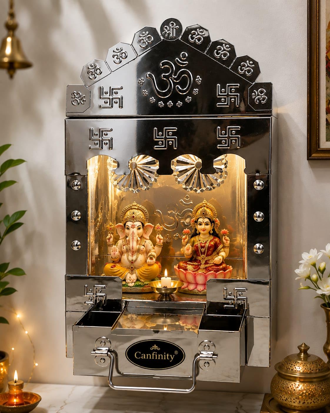 Canfinity™ Premium Stainless Steel Pooja Mandir for Home with LED Light | Wall Mounted Home Temple | Hindu Puja Ghar Mandir for Home & Office | Compact Modern Design | 35 x 19 x 11 cm | Made in India-image-20