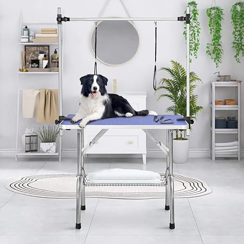 Miniatura 7 de Mesa de aseo profesional ajustable para mascotas, de 42 pulgadas, resistente, con brazo y bandeja de malla para perros y gatos, capacidad máxima de