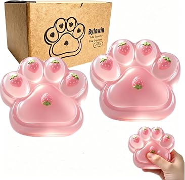 Taba Squishy Paw Squeeze Toys - 2Pcs Oversized 5-inch Cat Paw Squishy Fidget Toys for Kids and Adults,Stress Relief Kawaii Strawberry Cat Paw Toys,Relieves Stress Anxiety Gifts,for Birthday Pink Red