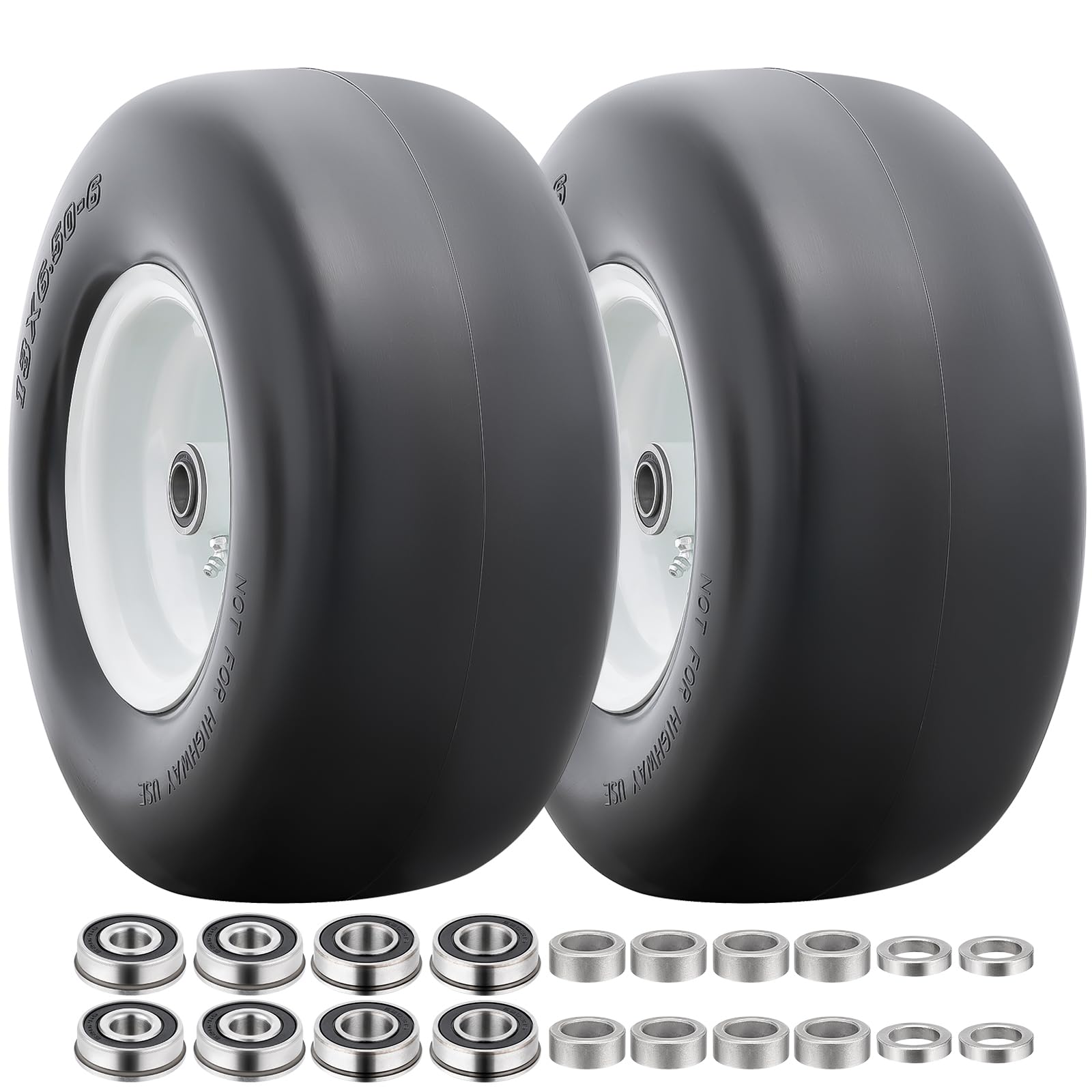 13” solid tires, flat free 13x6.50-6” wheels with 3/4” axle bore hole and double sealed bearings compatible with hand truck wheelbarrow tire lawn mower tires (white, 2pcs) p-100