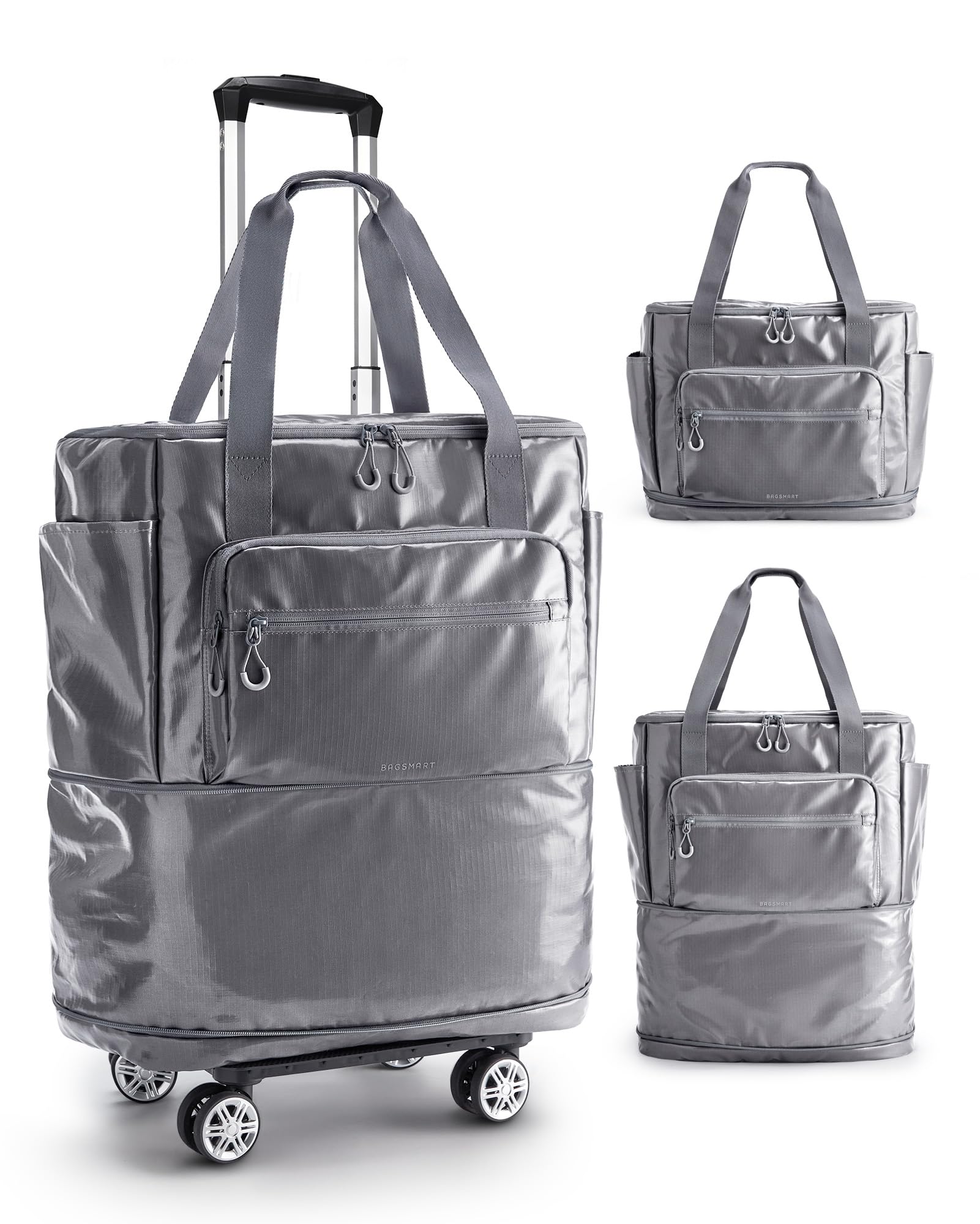 BAGSMART Rolling Duffle Bag with Wheels, 48L Expandable Carry on Luggage Bag, Large Tote with Detachable Wheels for Travel Grocery Moving, Grey