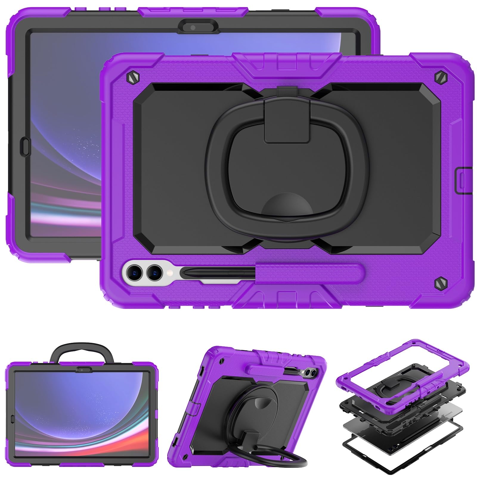 Custodia in TPU Resistente e Antiurto For Samsung Galaxy Tab S10 Plus 12.4" 2024 SM-X820/X826B/X828U For Bambini, Maniglia Girevole a 360 Gradi Staffa di Supporto W Protezione Schermo+Tracolla(Mor)