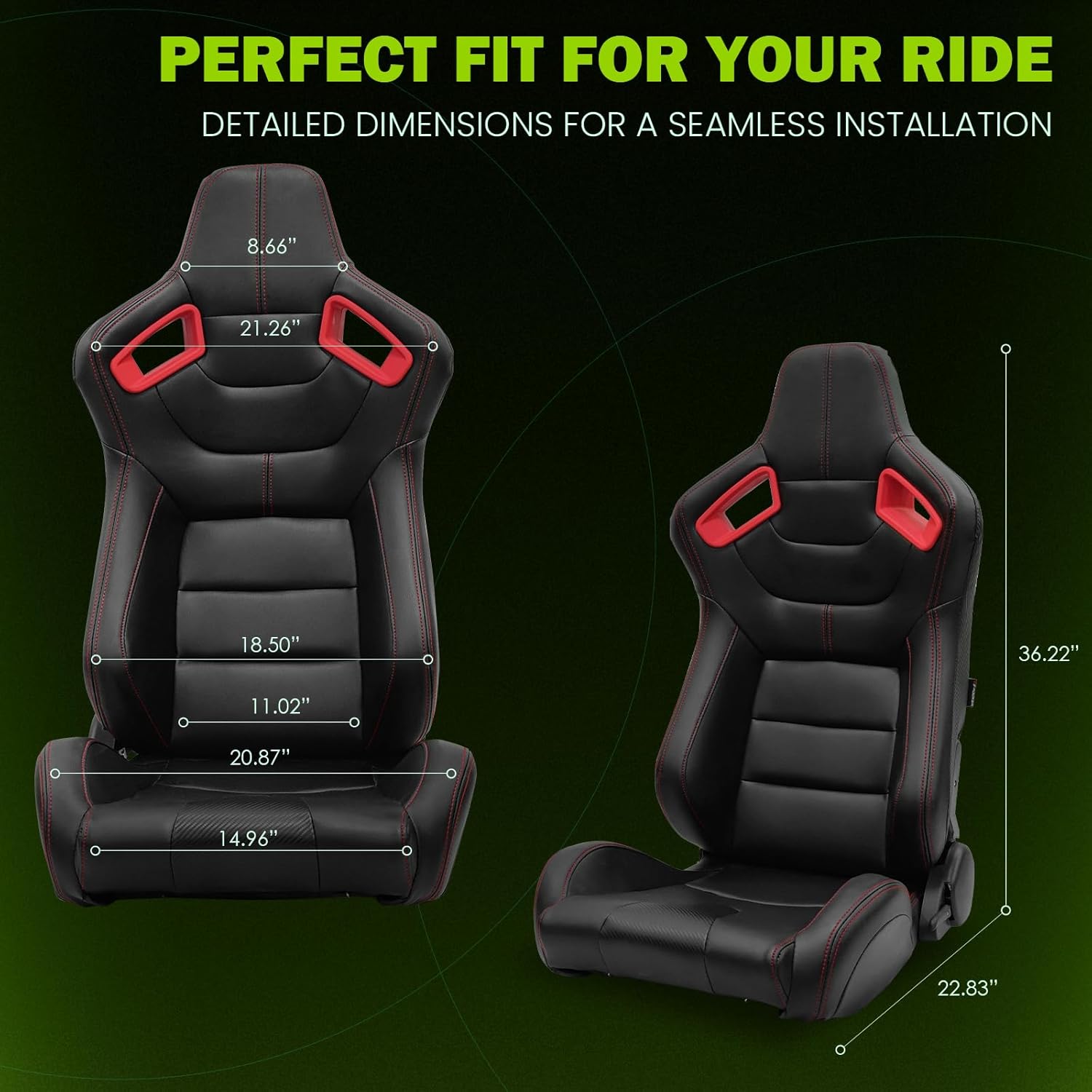 Universal Pairs of Racing Seat with Dual Sliders, PU Leather Front+Carbon Leather Back Reclinable Bucket Seat, Black+Red Bezel Red Stitch