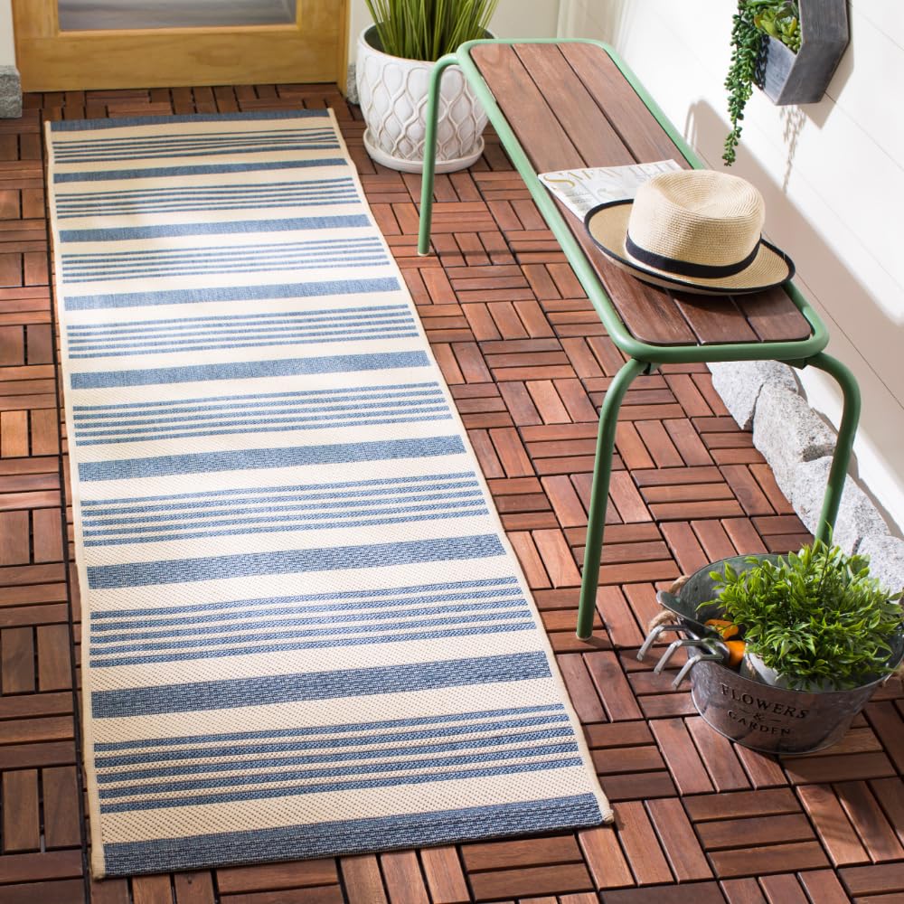 SAFAVIEH Courtyard Collection 2'3' x 10' Beige/Blue CY6062 Stripe Indoor/ Outdoor Patio Backyard Mudroom Runner Rug