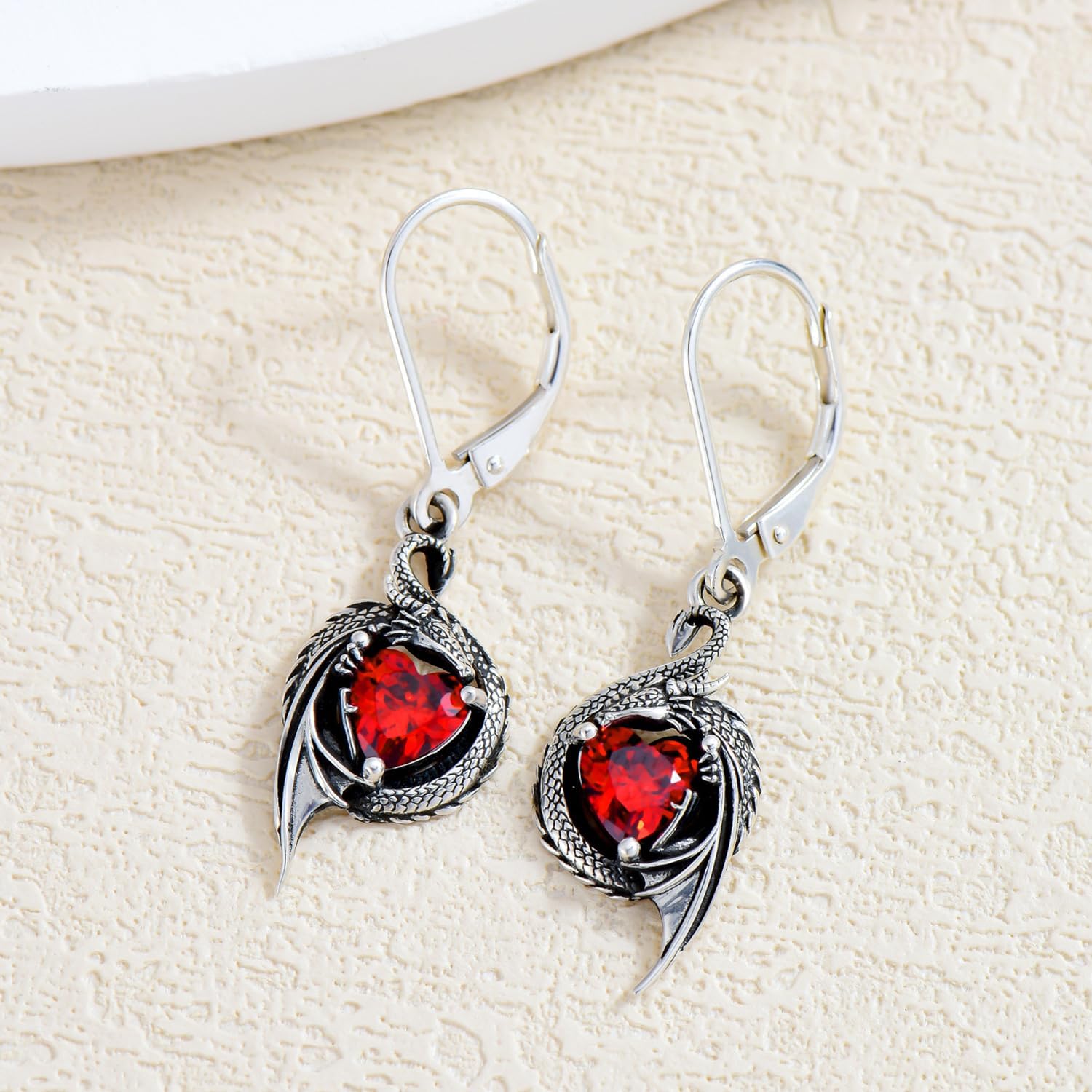 Dragon Earrings for Women 925 Sterling Silver Dragon with Heart Cut Birthstone Drop Earrings - Image 3
