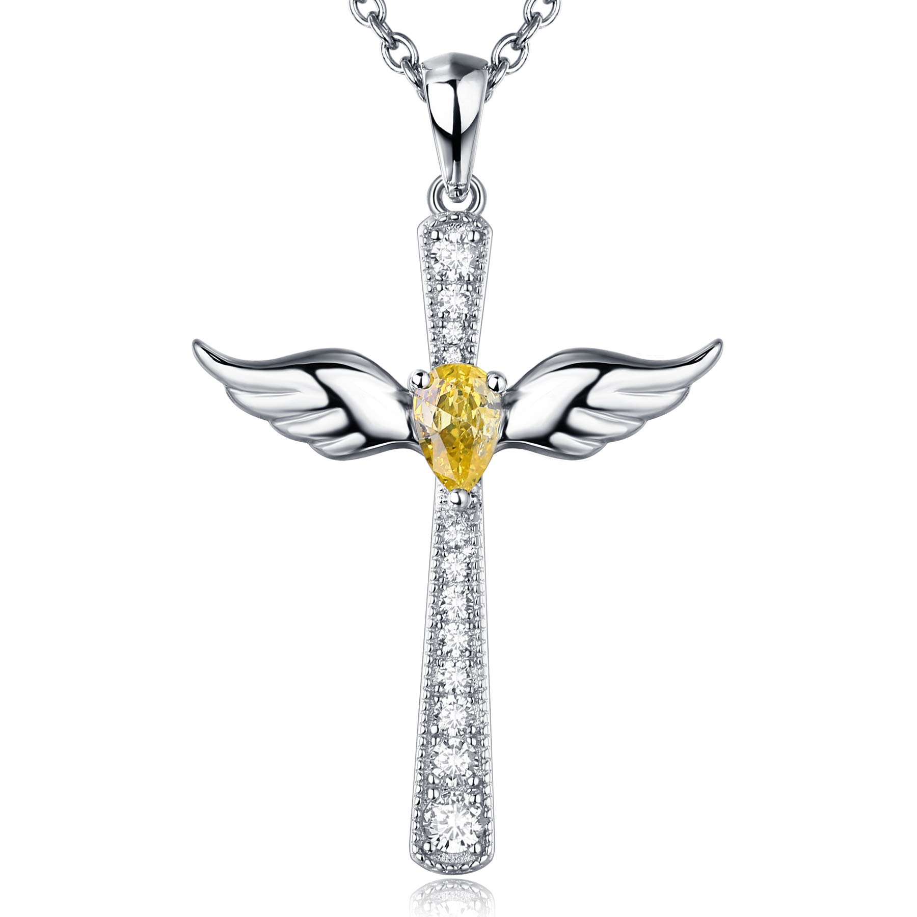 ZowBinBin Cross Necklace 18K White Gold Plated 925 Sterling Silver Angel Wings Cross Necklace, Heart Cross Necklace, Angel Cross Necklace Fashion Cubic Zirconia Cross Necklace for Women, Men