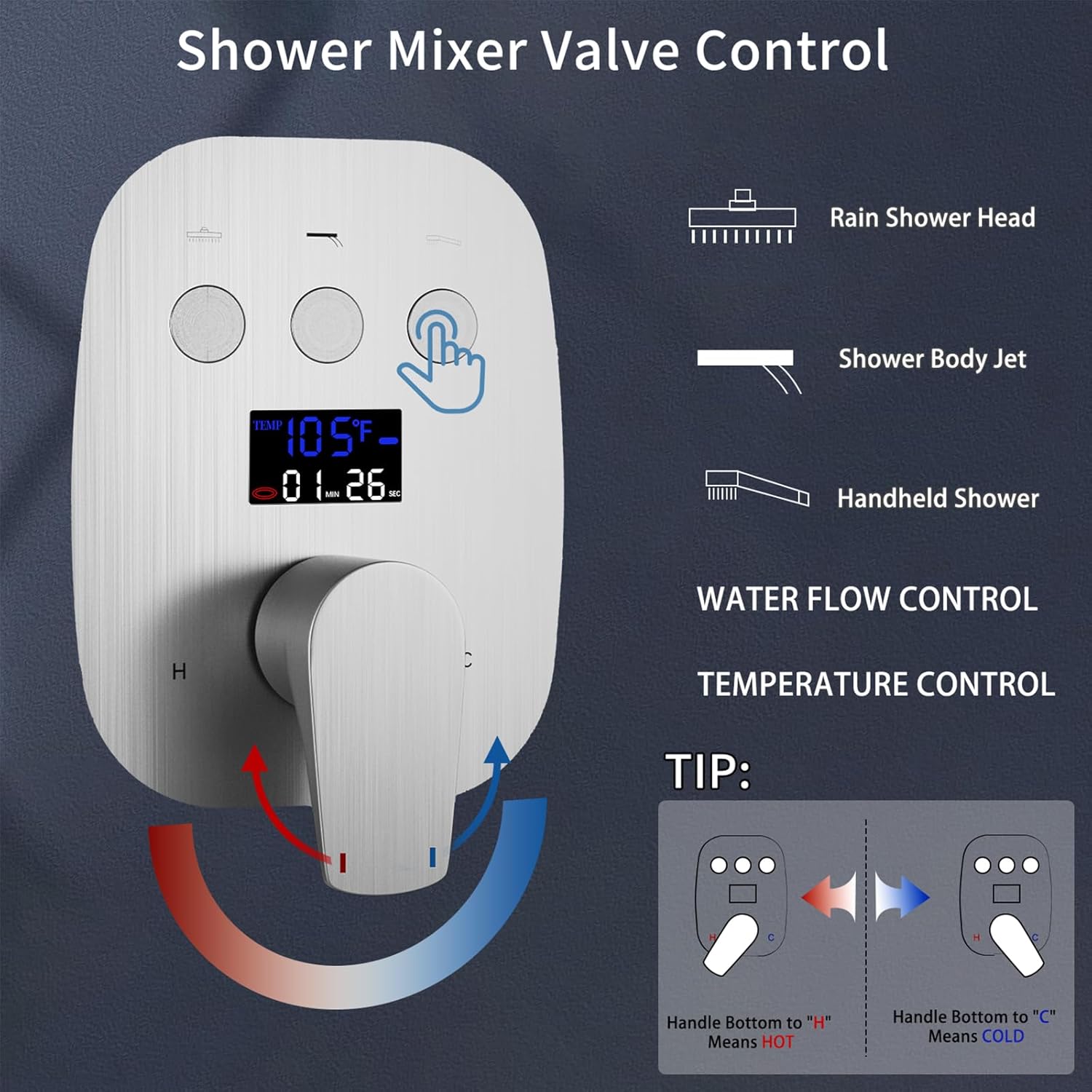 3 Way Shower Mixer Valve Kit Brushed Nickel Solid Brass Digital Display Temperature Control Pressure Balancing Mixer Shower Diverter Valve Kit Replacement