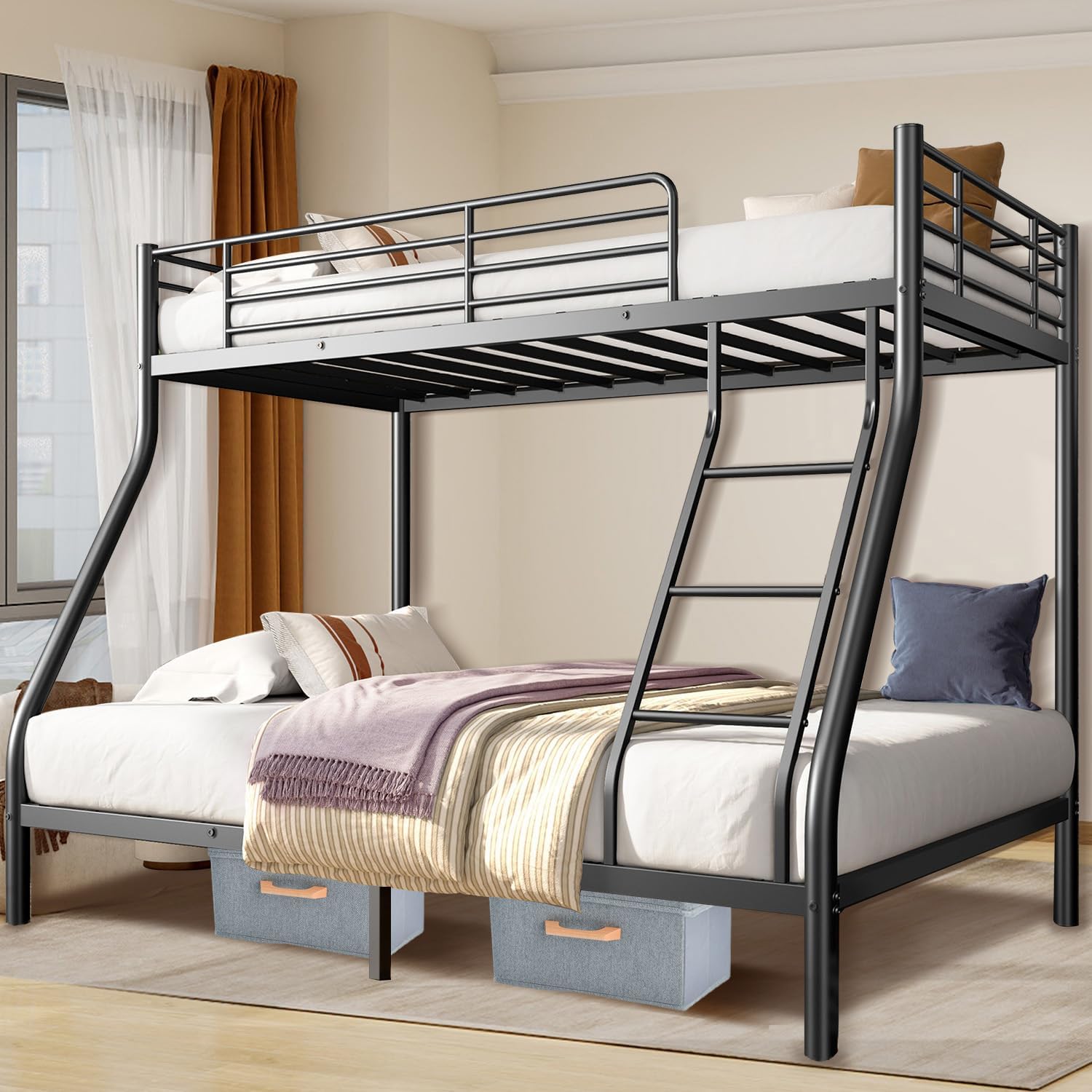 Metal Bunk Beds Twin Over Full Size with Safety Guardrai and Angled Ladder, Sturdy Material & Space Saving for Teens and Adults Bedrooms and Dorm, Noiseless No Box Spring Needed, Black