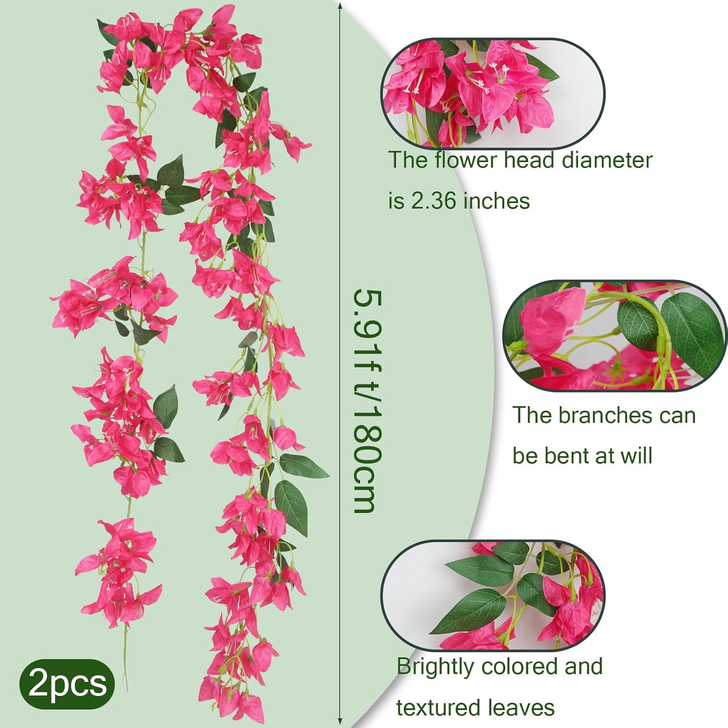 2Pcs Bougainvillea Artificial Hanging Flowers Plants for Outdoors Fake Silk Bougainvillea Vines Rose Red Artificial Flowers Garland UV Resistant Faux Flowers for Planter Porch Arch Table Decor - Image 2