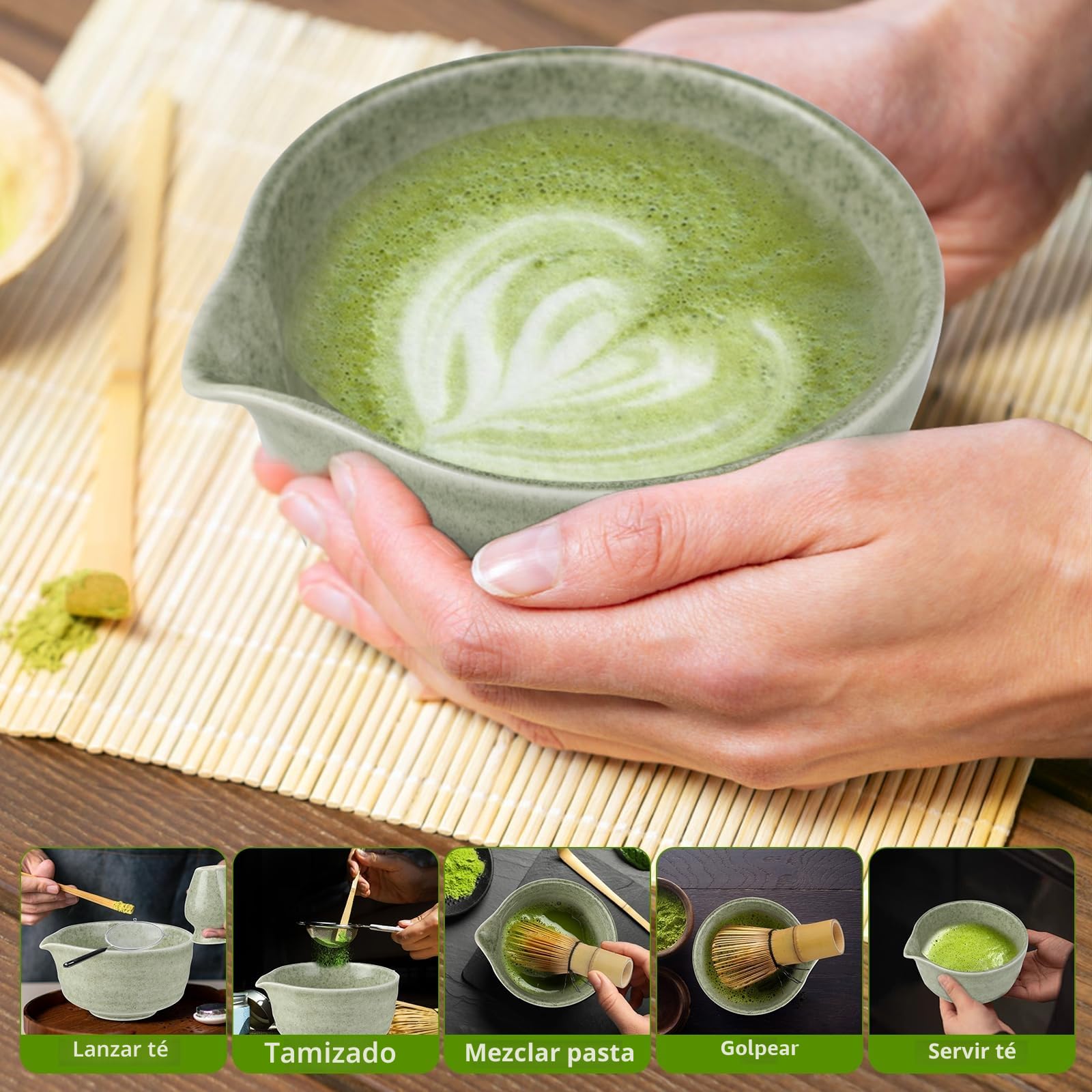 Matcha Kit - Té Matcha Kit de 4 Piezas, Batidor Té Matcha, Cuenco Té Matcha, Soporte Chasen y Cuchara Matcha - Kit Matcha para la Ceremonia del Té - Ideal para el Hogar, la Oficina y Como Regalo
