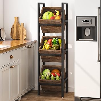 LITTLE TREE 3-Tier Basket Stand, Wooden Floor Stand Shelving Unit, Standing Organizer Storage Rack for Kitchen, Bathroom, Living Room (Rustic)
