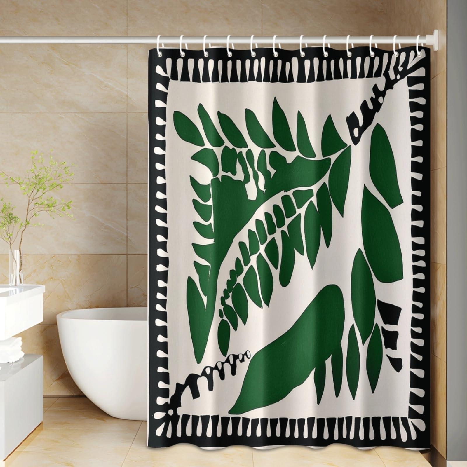 Rideau de douche vert beige abstrait en polyester imperméable de 180x200cm pour salle de bain