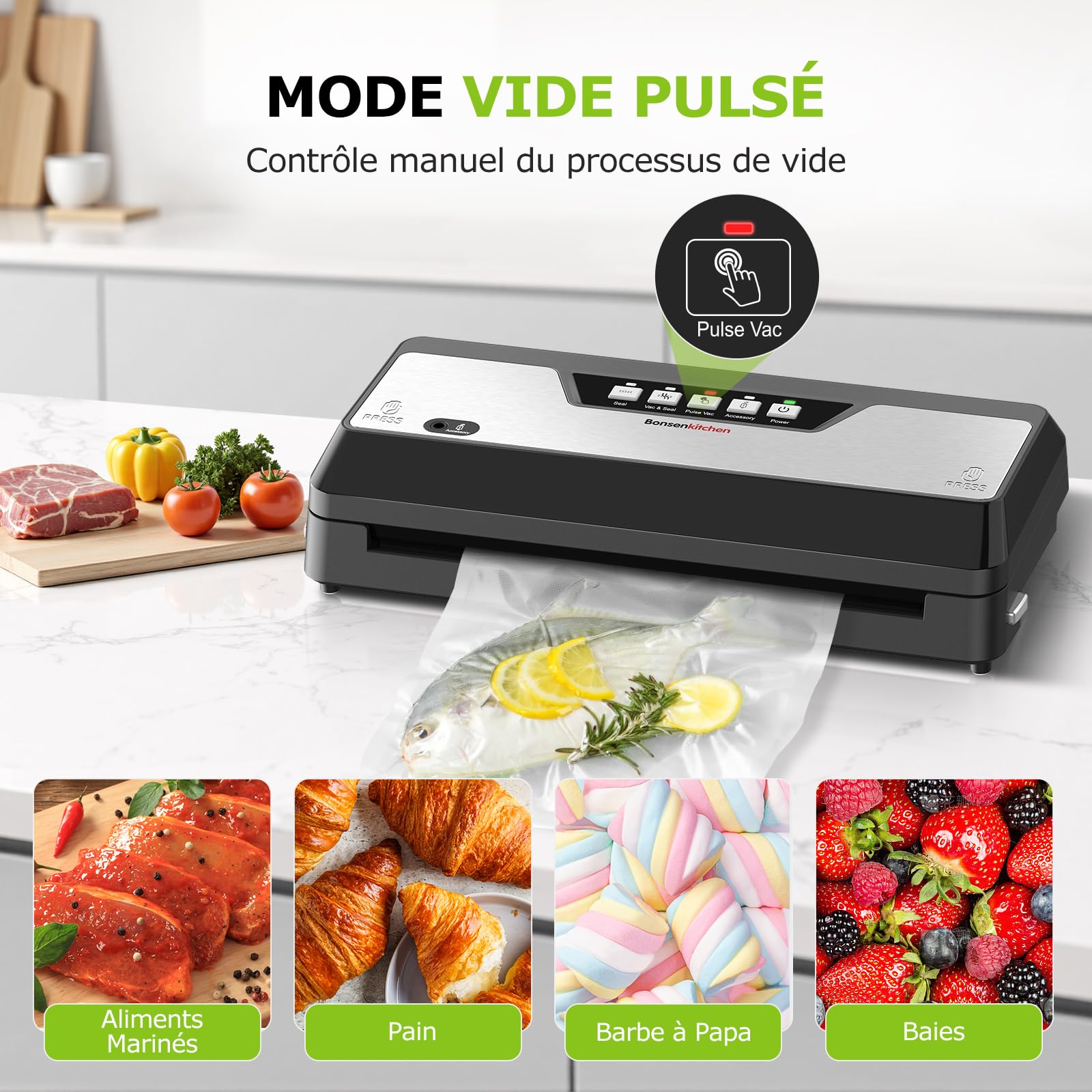 Bonsenkitchen Machine sous vide avec coupe-sac intégré, rangement, 1 rouleau et 5 sacs prédécoupés, pour cuisson sous vide, Noir