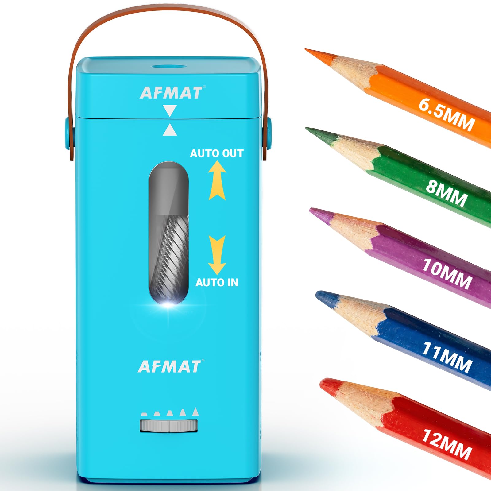 AFMAT Fully Automatic Electric Pencil Sharpener,Hands-Free Portable Rechargeable Sharpener for 6.5-12mm Large Color Pencils, 5 Tip Settings, 7K+ Uses for Teacher Artist Office Home Use, Cyan-blue,PSC6