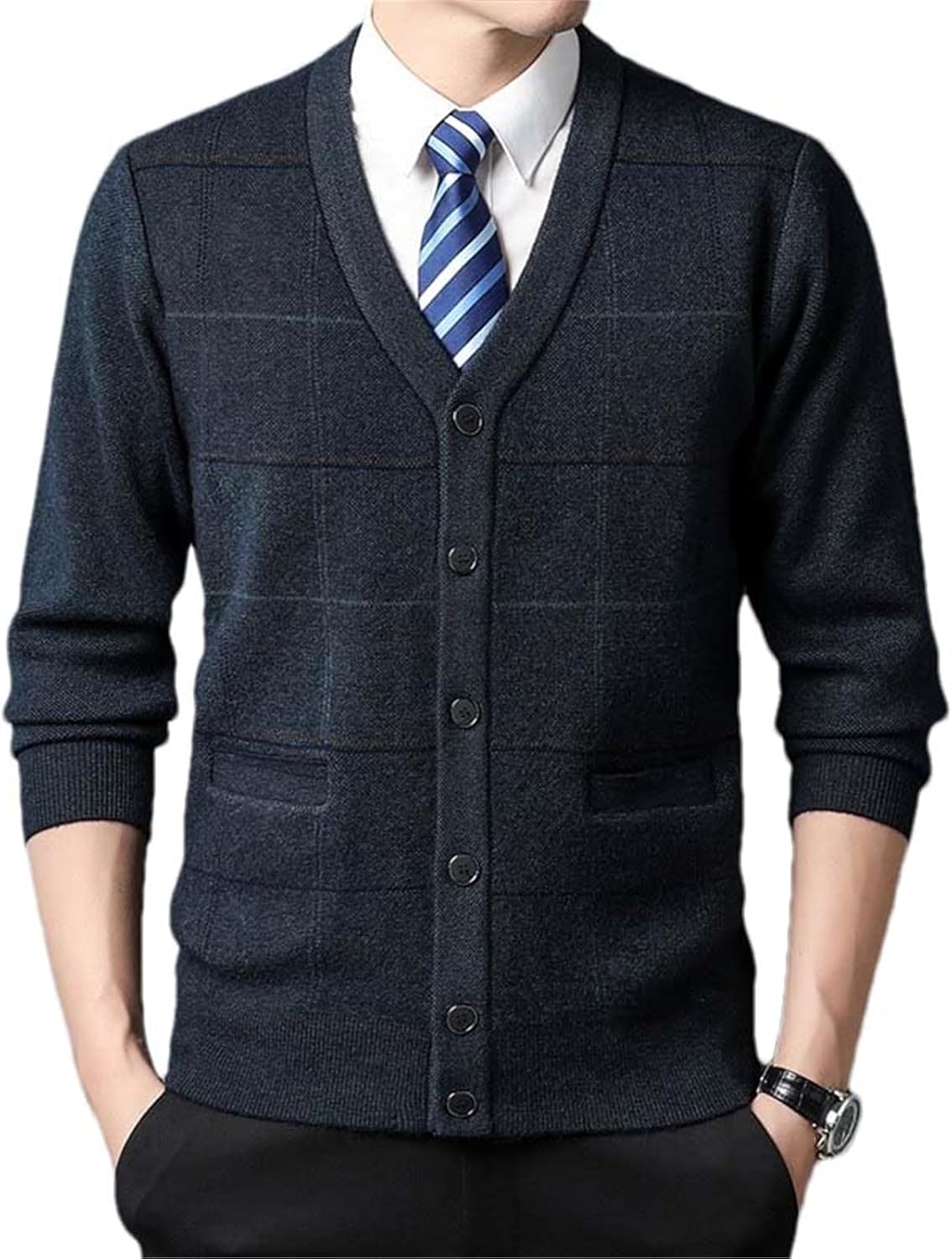 Autumn Men's Cardigan Striped Plaid Business Casual Buttons Knitted Sweater Warm Tops Ribbed Cuffs