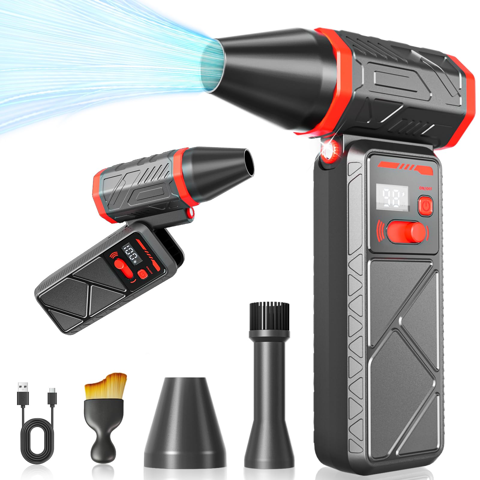 Compressed Air Duster, 150000RPM Electric Air Duster with 8000mAh Rechargeable Battery, Stepless Speed, 90° Adjustable Nozzle & LED Light, Cordless