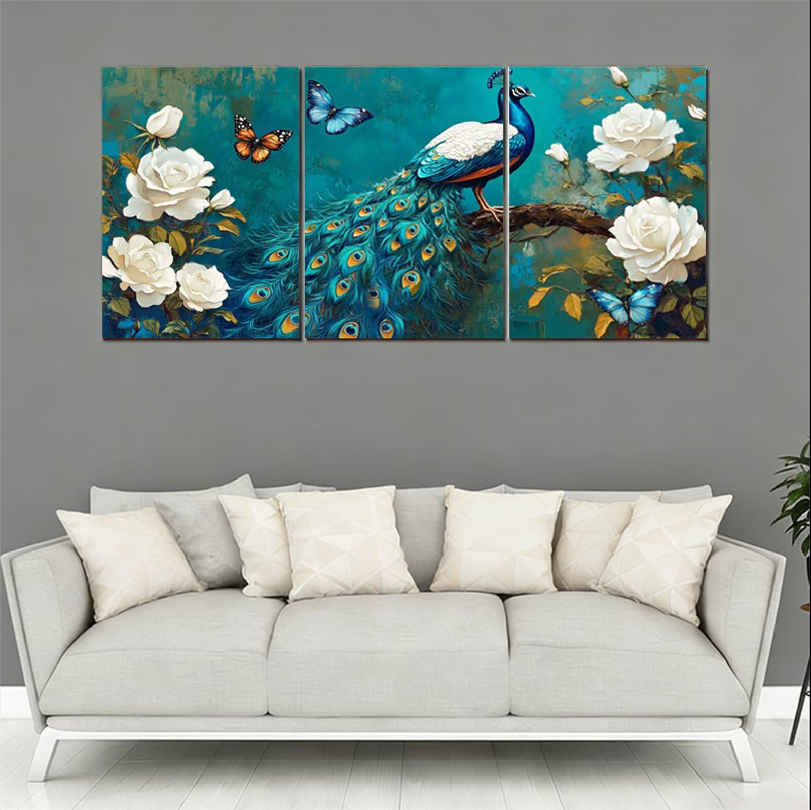 3 Pcs Cadre en Bois Impression sur Toile, Tableau Decoration Murale, Tableau Fleur Affiche Decoration Murale Paon Poster et Arts Décoratifs Triptyque Salon Chambre Prêt a Accrocher 35x50 cm 1f-1093