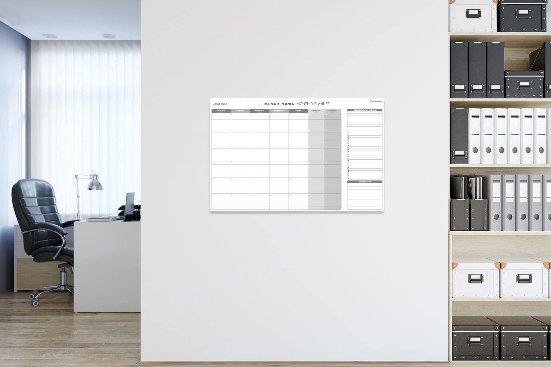 ALLboards Magnetischer Monatsplaner 90x60cm für Monatsplanungen, Wochenplaner Wandkalender Memoboard Magnettafel auf Deutsch