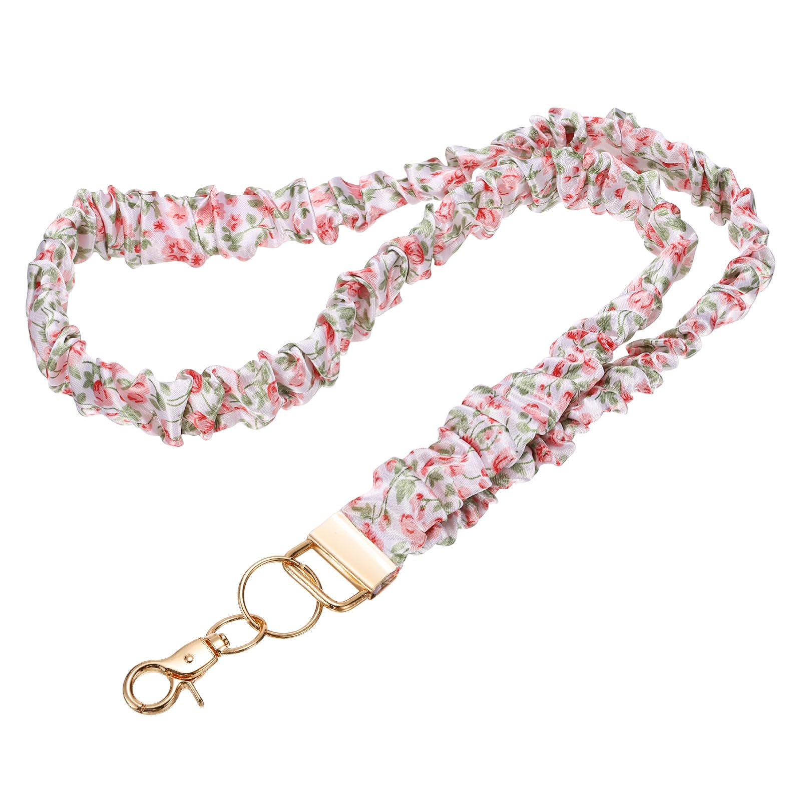 PATIKIL Scrunchie Lanyard Teacher, 1 Pack Stretchy Lanyards for Teachers Cute Lanyards ID Badge Holder with Clips for Women Keychain Card Holder, Pink Flower Gold