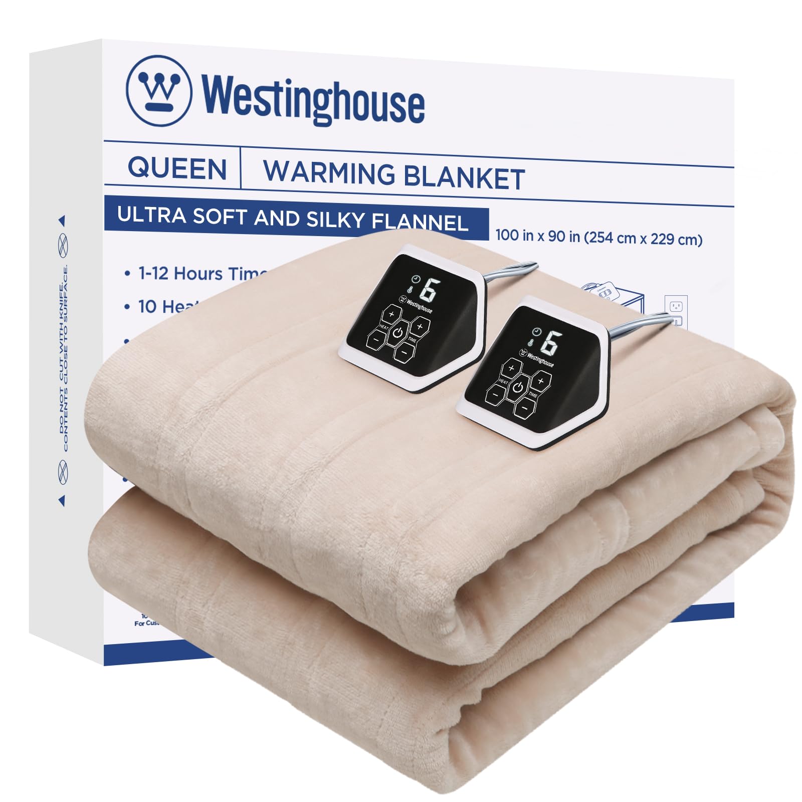 Westinghouse Heated Blanket King Size, Electric Heating Blanket with 10 Heating Levels, 12 Hours Auto Off, Fast Heating Warming Blanket, Machine Washable(King, 100x90 Inches, Beige)