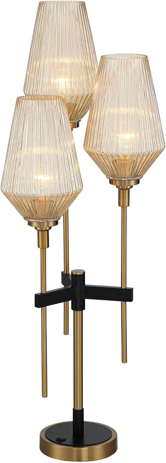Possini Euro Design Axiom Modern Console Table Lamp 39" Tall Brass Gold Black Metal Champagne Ribbed Glass Shade for Bedroom Living Room House Home Bedside Nightstand Office Entryway Kids Family