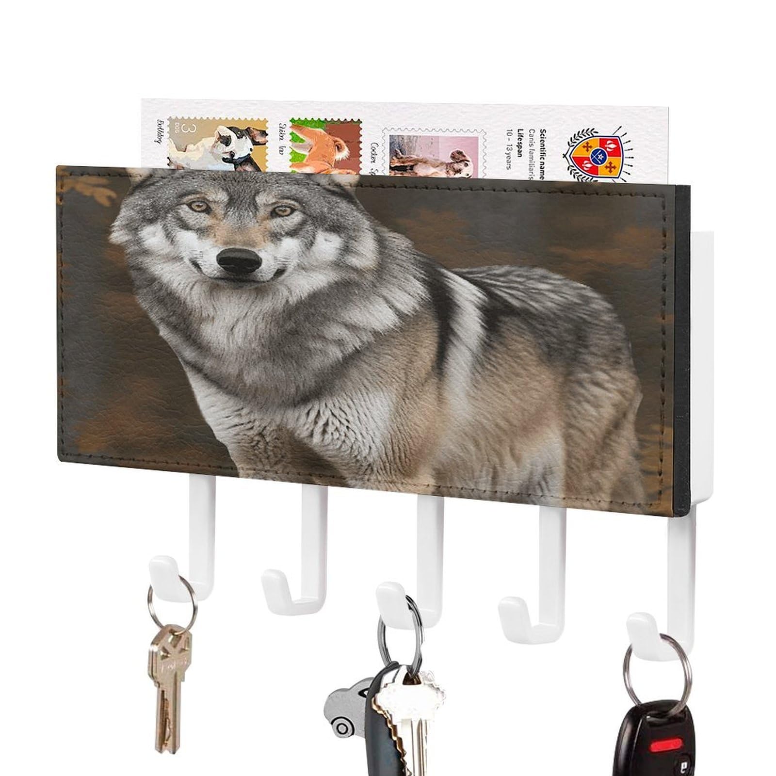 Fekiloot White-Style Wild Wild Gray Wolf Key Holder Wall Mount Key Hanger With 5 Hooks Decorative Key Rack Hanging Key Hooks With Mail Organizer Key Holder For Wall Living Room Kitchen Bathroom Hallway White