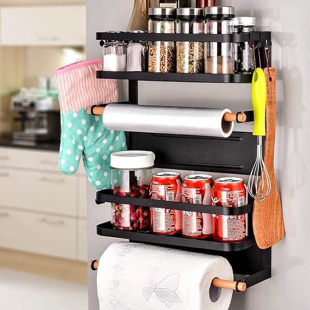 SaiXuan 5 Tier Refrigerator Magnetic Spice Rack,Multi Use Refrigerator Side Shelf,Sidewall Storage Holder,Washing Machine Storage,Fridge Hanging Rack(Black)