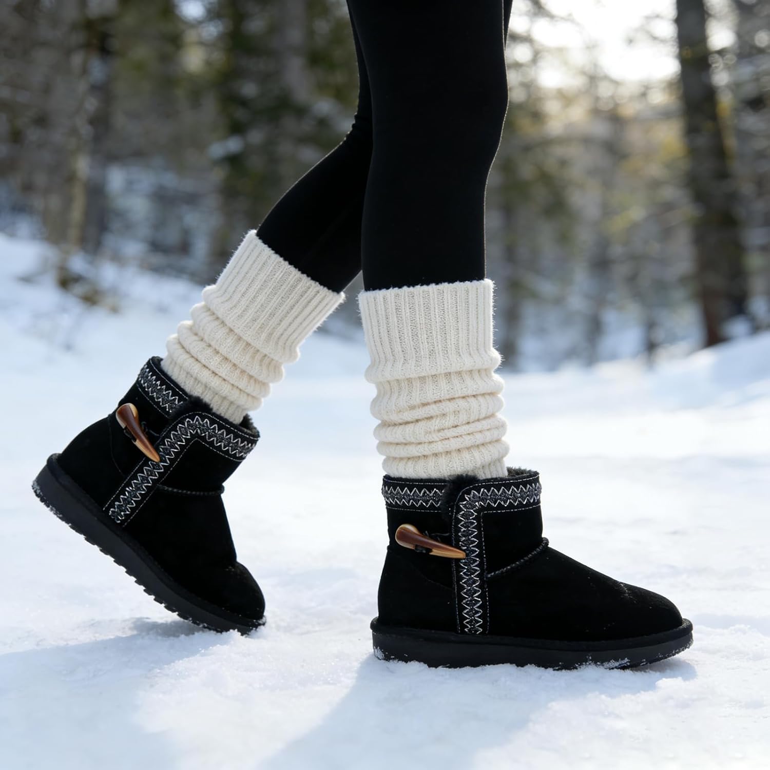 Dodow Womens Genuine Suede Winter Boots Mini Warm Fur Lined Ankle Slip On Snow Booties - Image 2