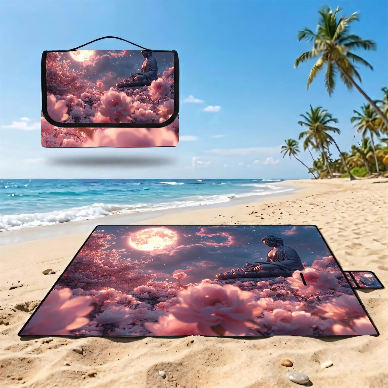 Couverture de Pique-Nique Grande 200x300cm,Outdoor Couverture Imperméable,Pliable Tapis de Plage Dos en PVC Anti-Sable,Picnic Blanket pour Camping Accessoires,Jardin,Parc - Lune,Fleur (3) UZ-425