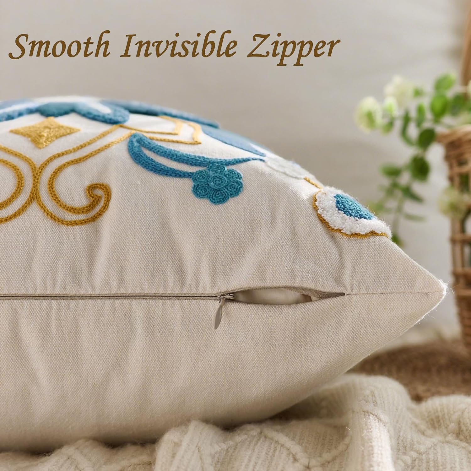 Embroidered Throw Pillow Cover 20x20 Classic Boho Floral Pattern Pillows Cover Outdoor Decorative Pillowcase,Durable Cozy Textured Cushion Case for Sofa Couch Bed Living Room,Teal - Image 3